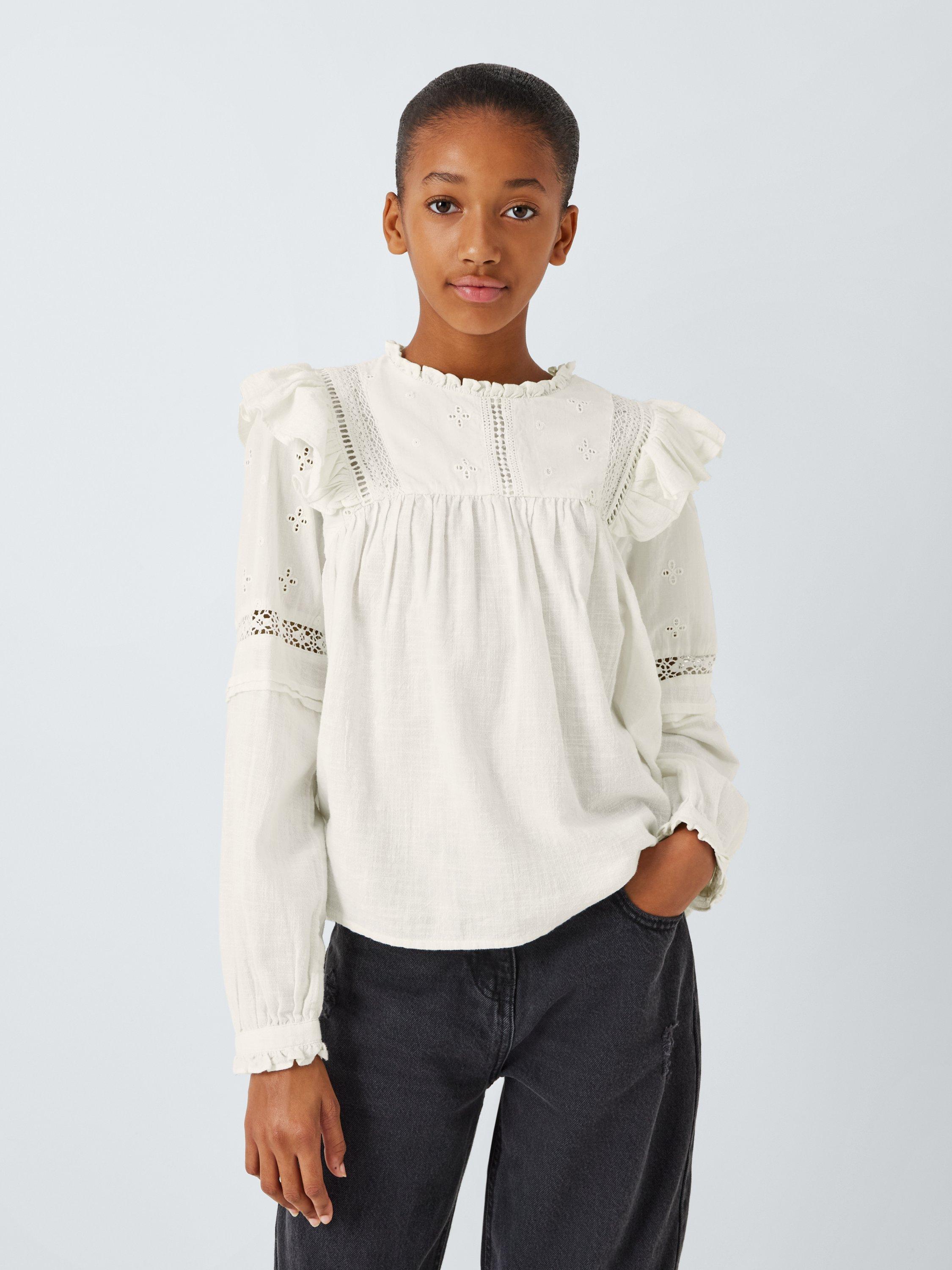 John Lewis Kids' Dobby Ruffle Top, Gardenia