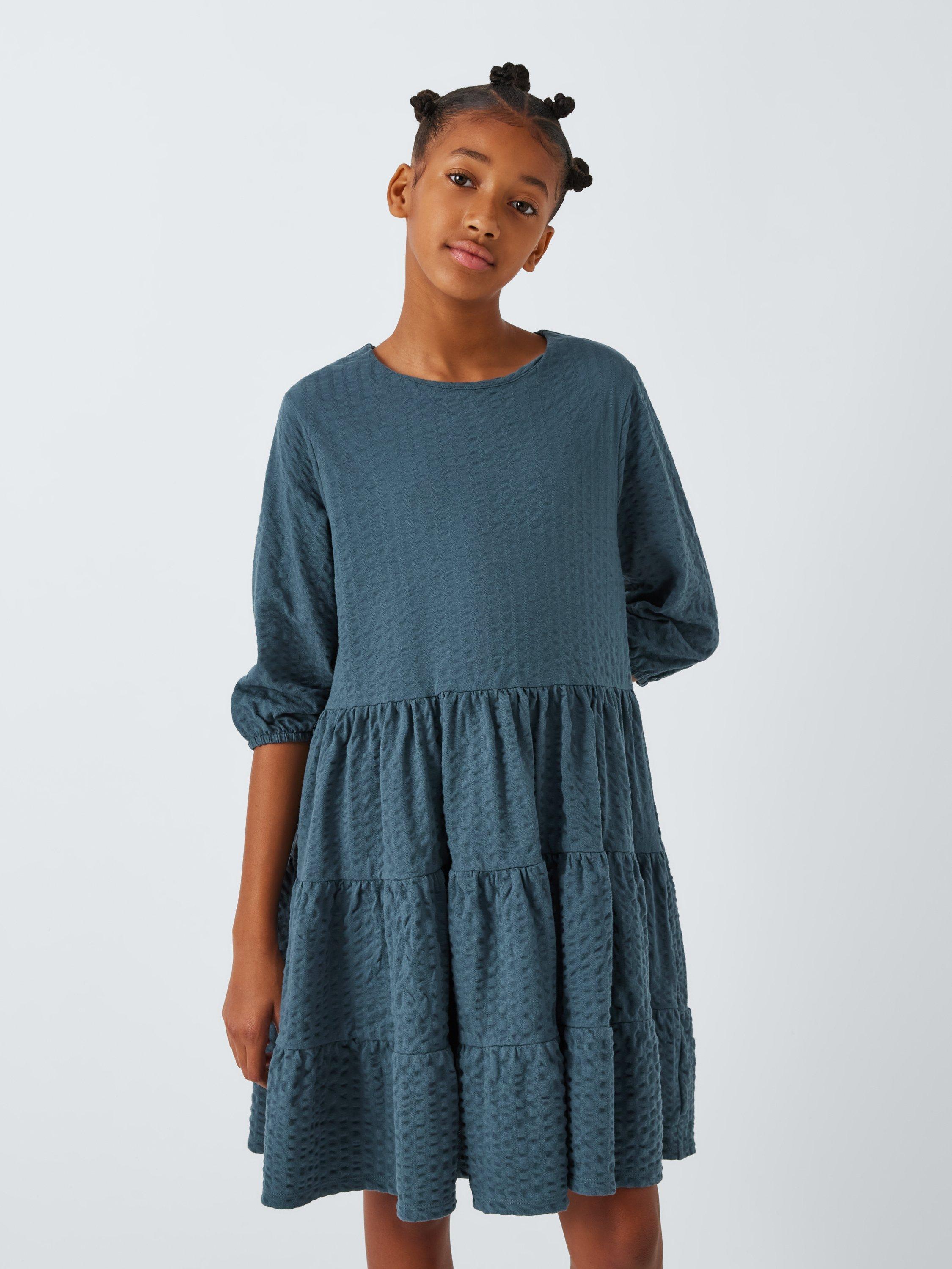 John Lewis Kids' Tiered Jacquard Dress, Blue Slate