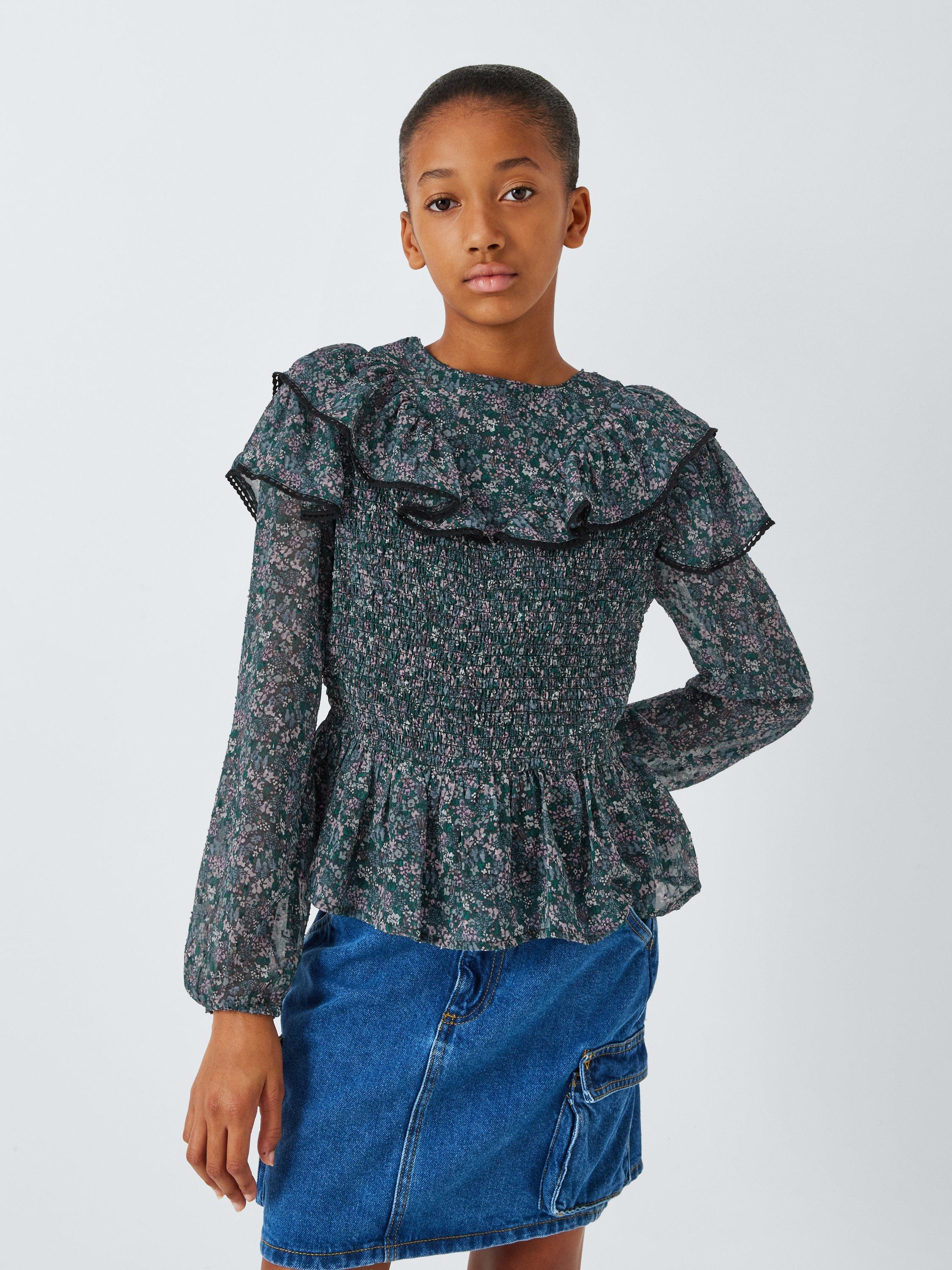 Product image 1 of 7, which shows John Lewis Kids' Floral Ruffle Top, Multi, 8 years