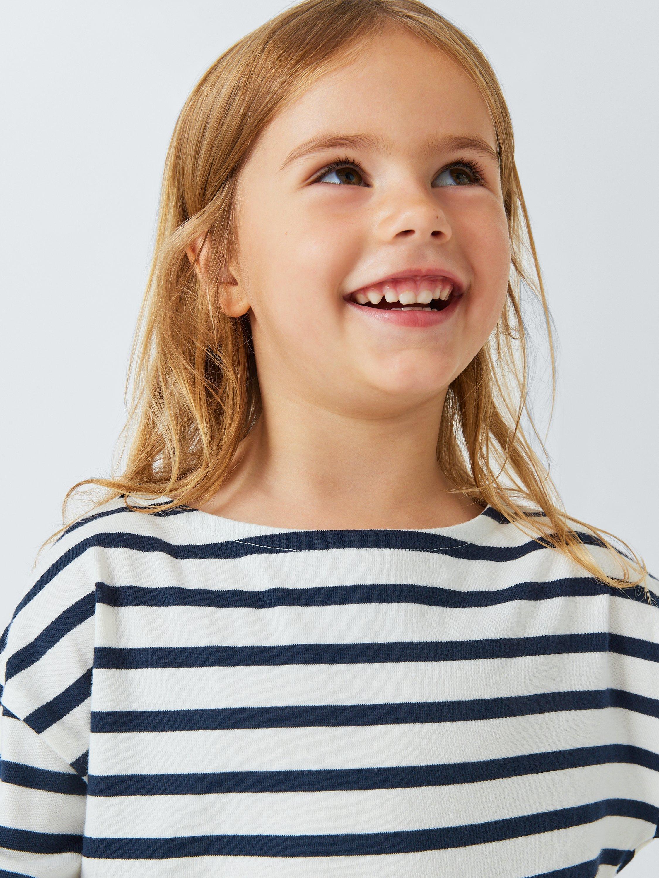Product image 4 of 7, which shows John Lewis Kids' Long Sleeve Breton Top, Gardenia/Navy, 2 years