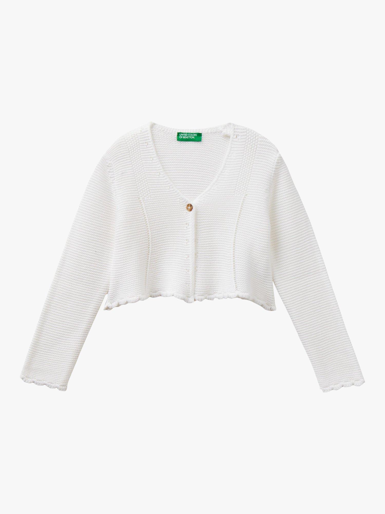Benetton Kids' Wave Trim Linen Blend Cardigan, White Cream