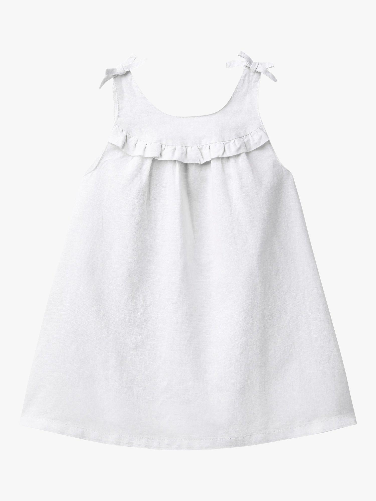 Benetton Kids' Linen Blend Ruffle Bow Detail Dress, Optical White