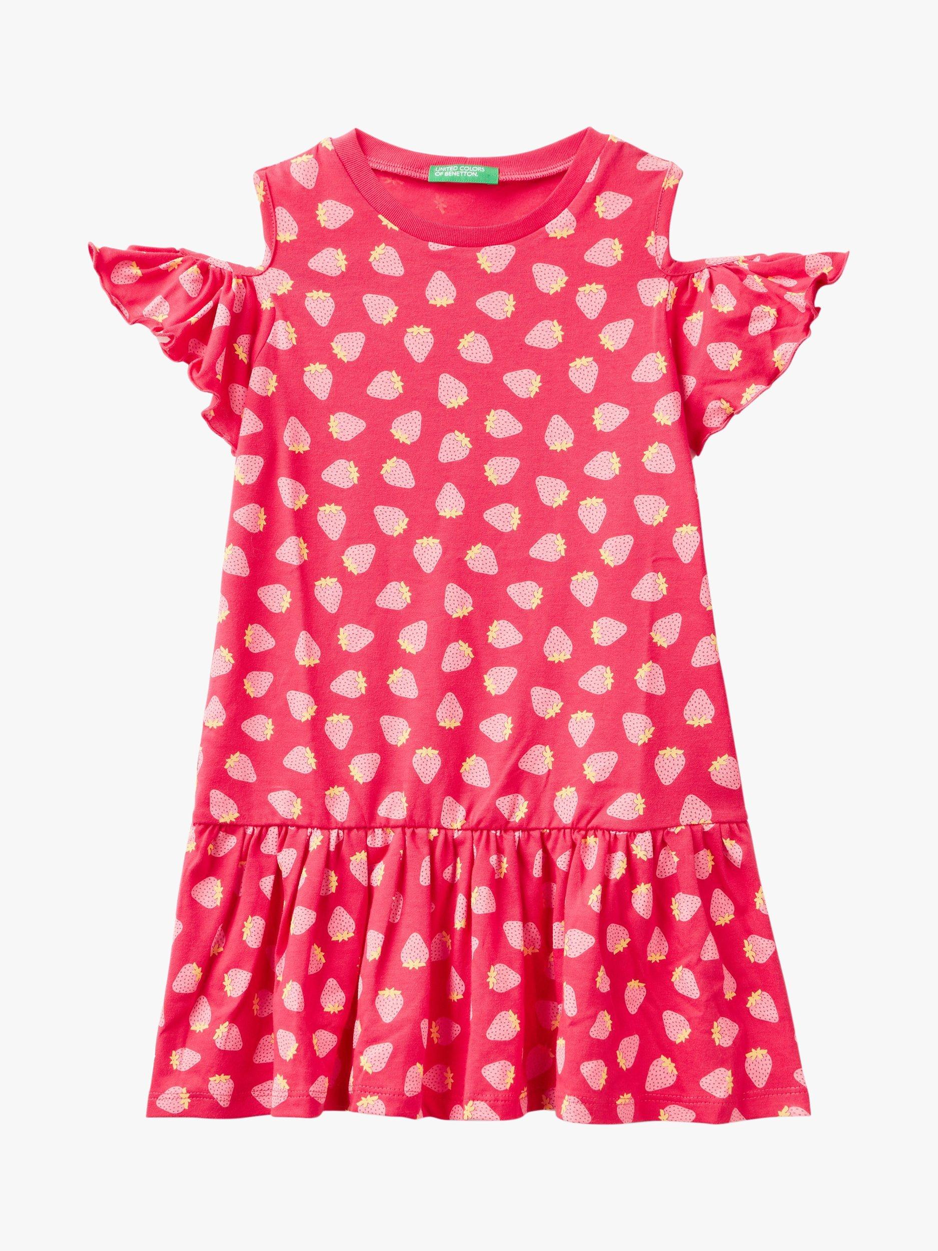 Benetton Kids' Stawberry Print Cold Shoulder Flounce Dress, Red/Multi