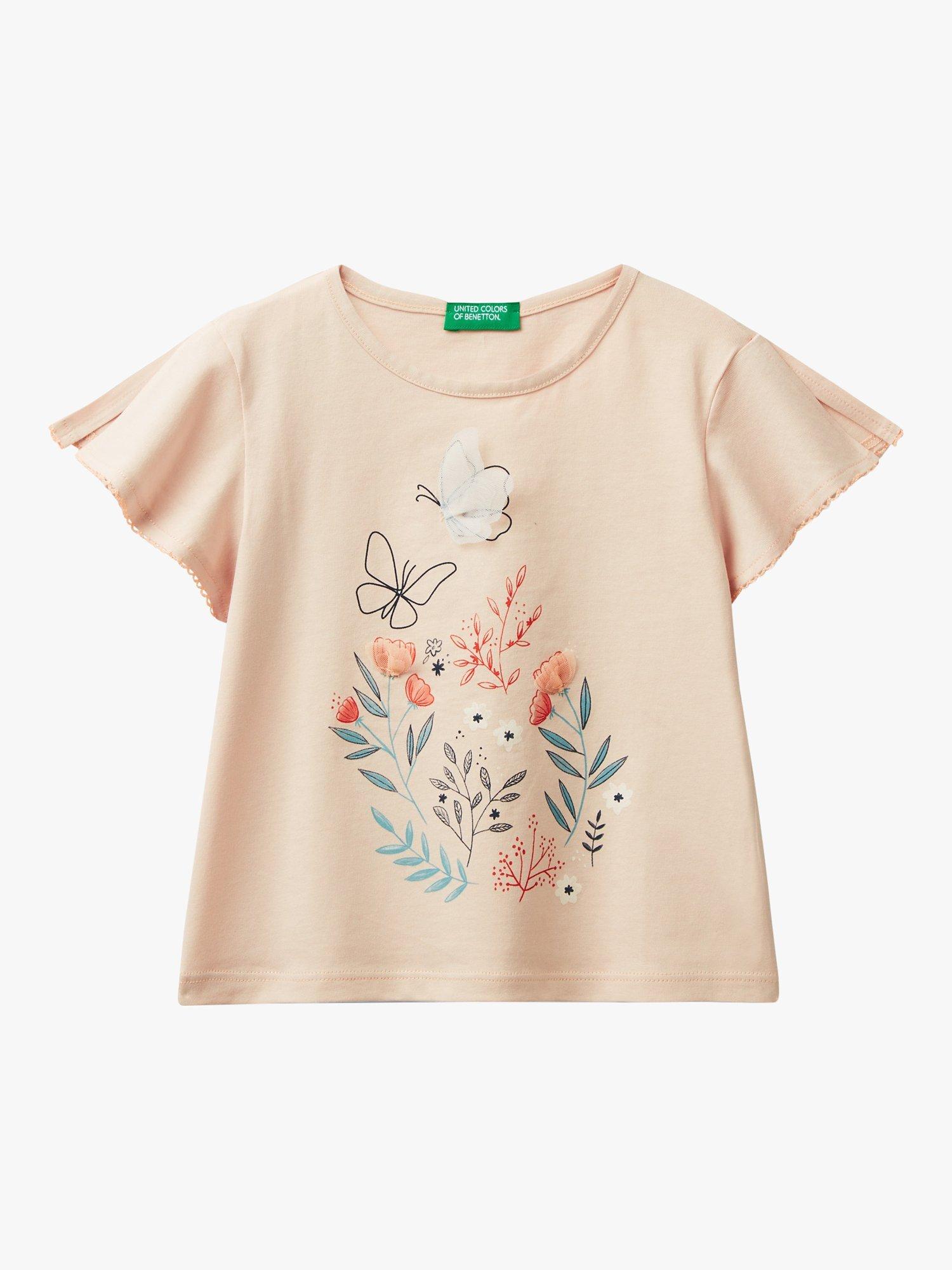 Benetton Kids' Butterfly Floral Print Slit Sleeve T-Shirt, Sand