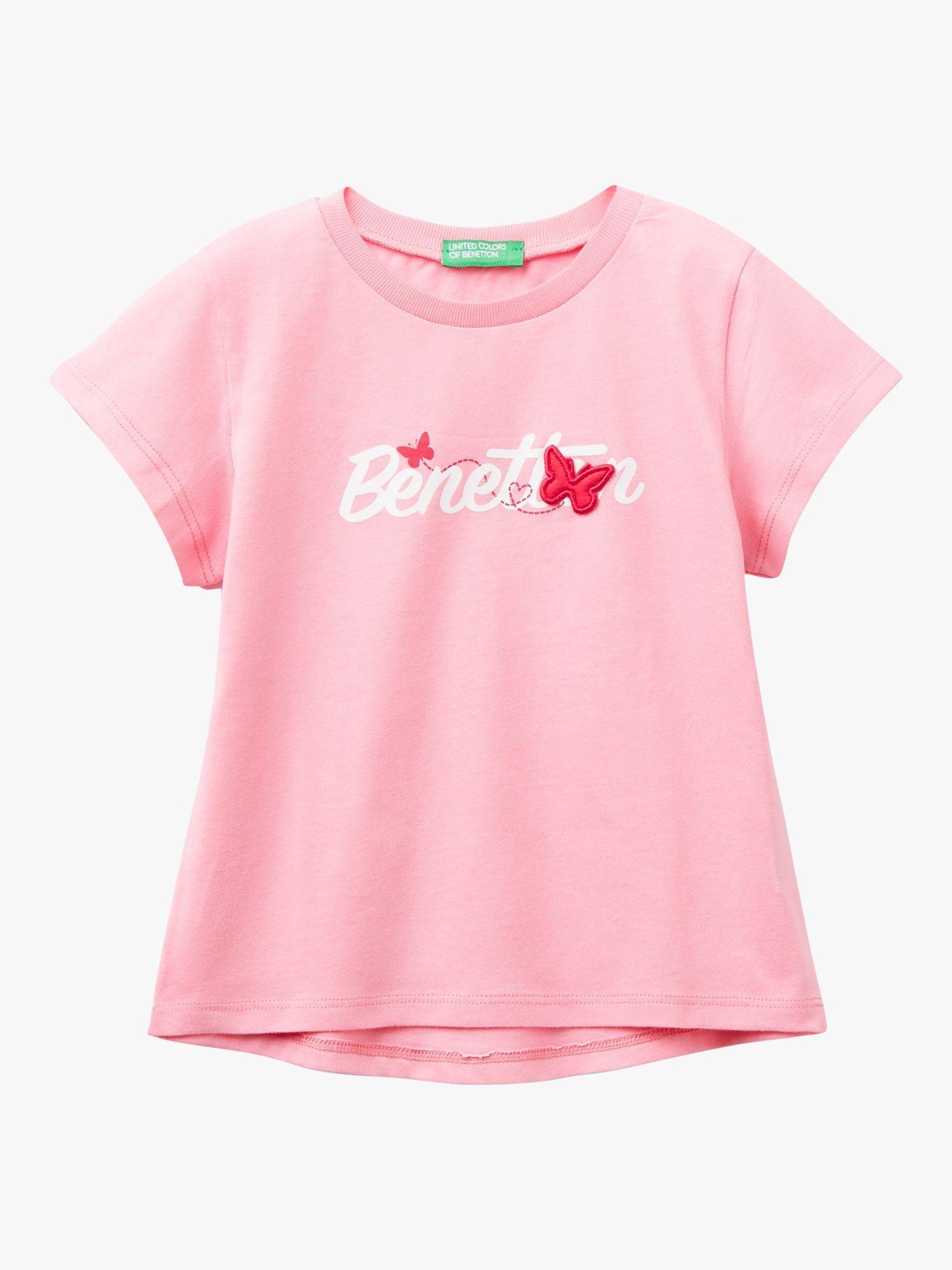 Benetton Kids' Logo Butterfly Patch Crew Neck T-Shirt, Pink