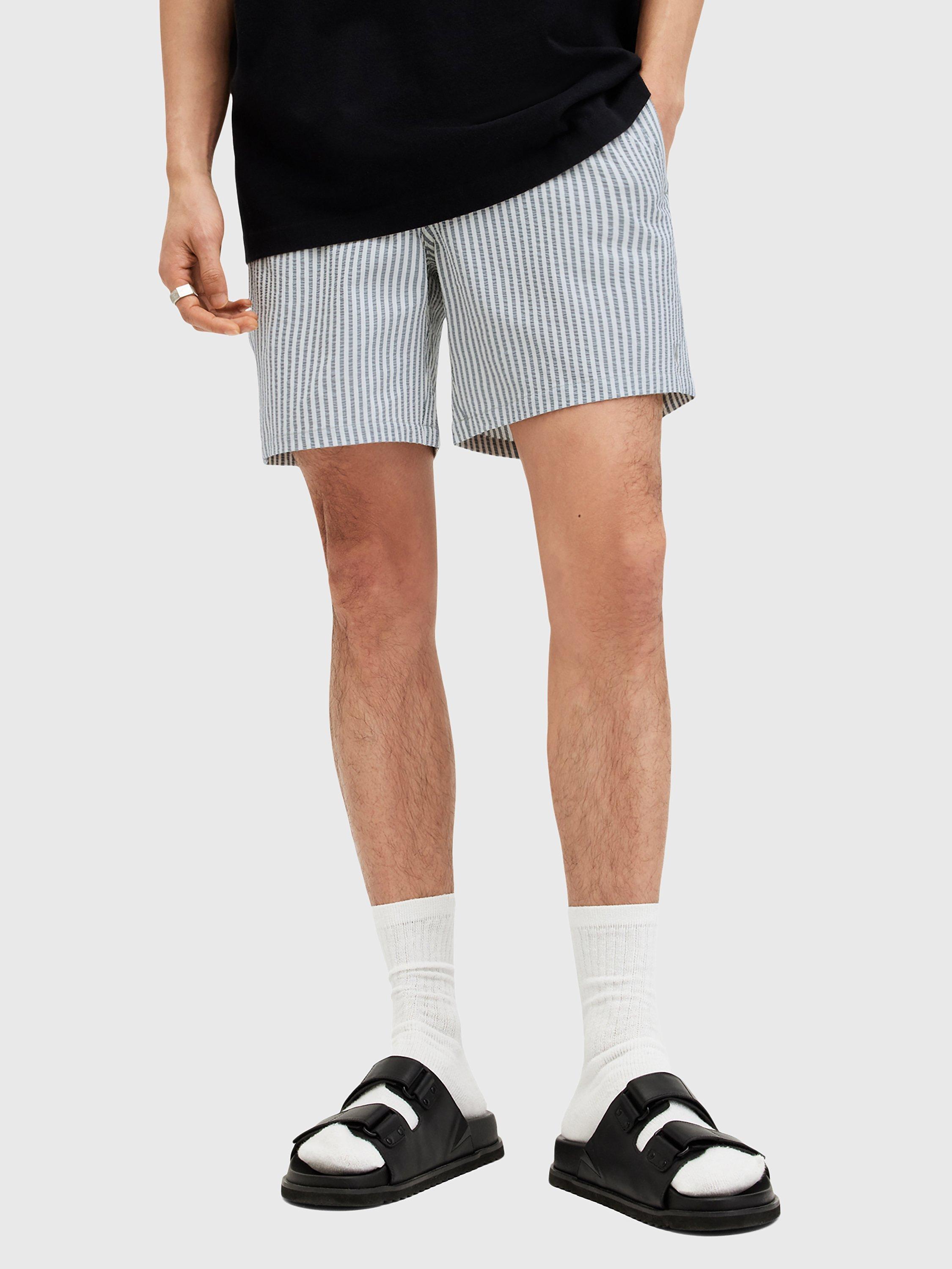 AllSaints Warden Stripe Swim Shorts, White/Grey