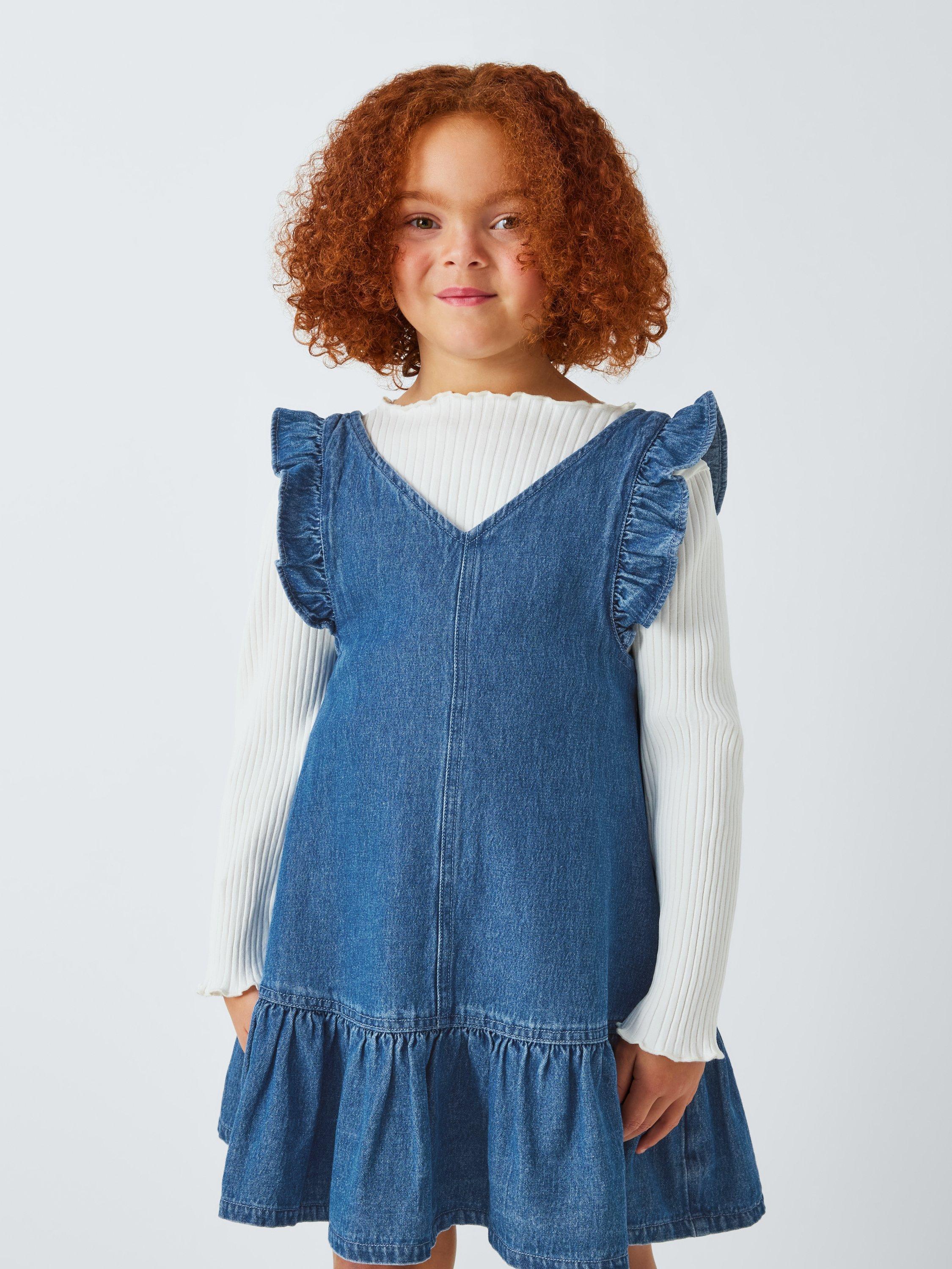 John Lewis Kids Top Denim Pinafore Dress Set Denim Gardenia