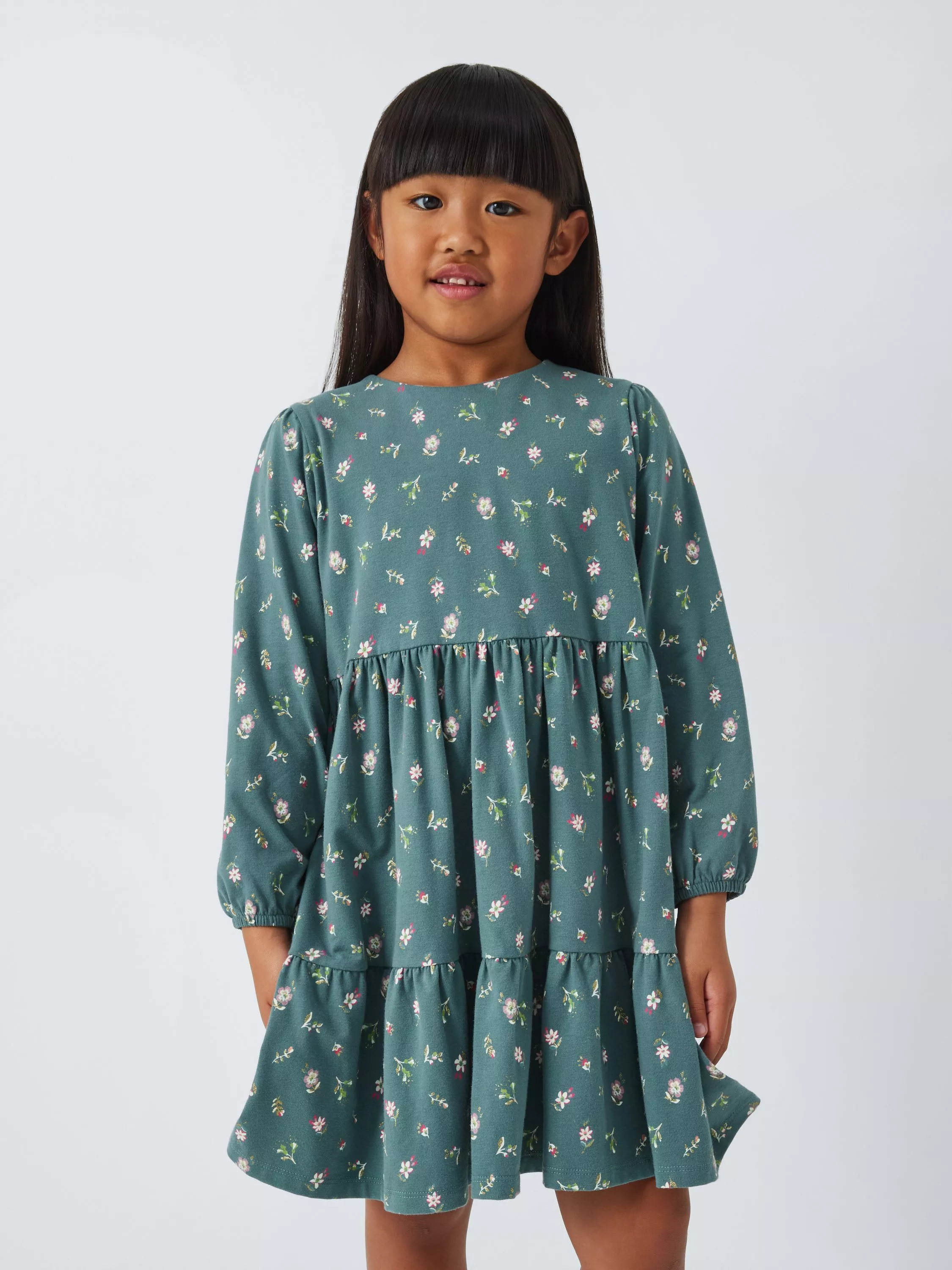 John Lewis Kids' Tiered Floral Dress, Teal Green