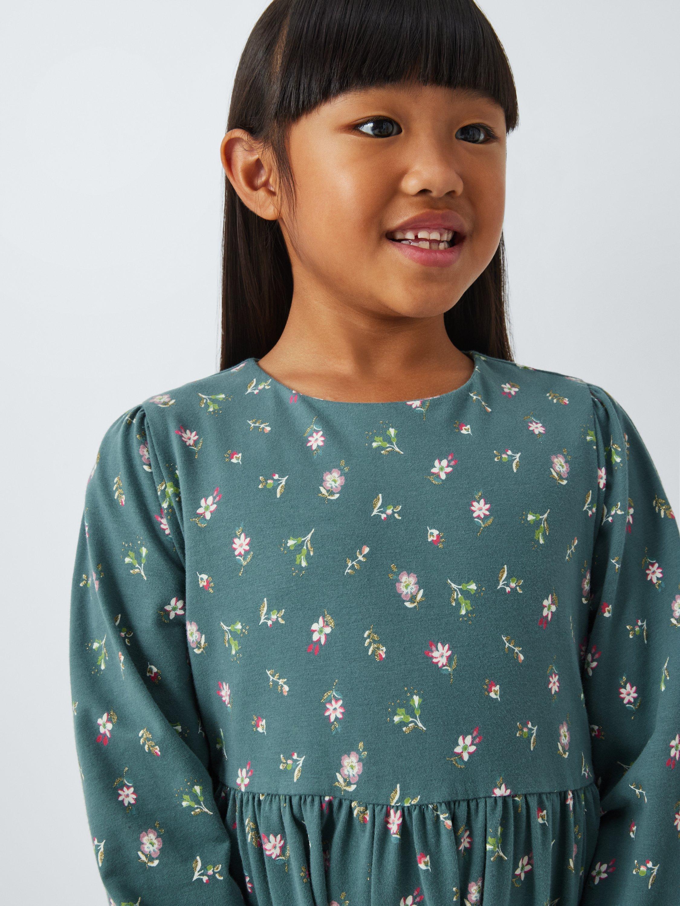 John Lewis Kids' Tiered Floral Dress, Teal Green