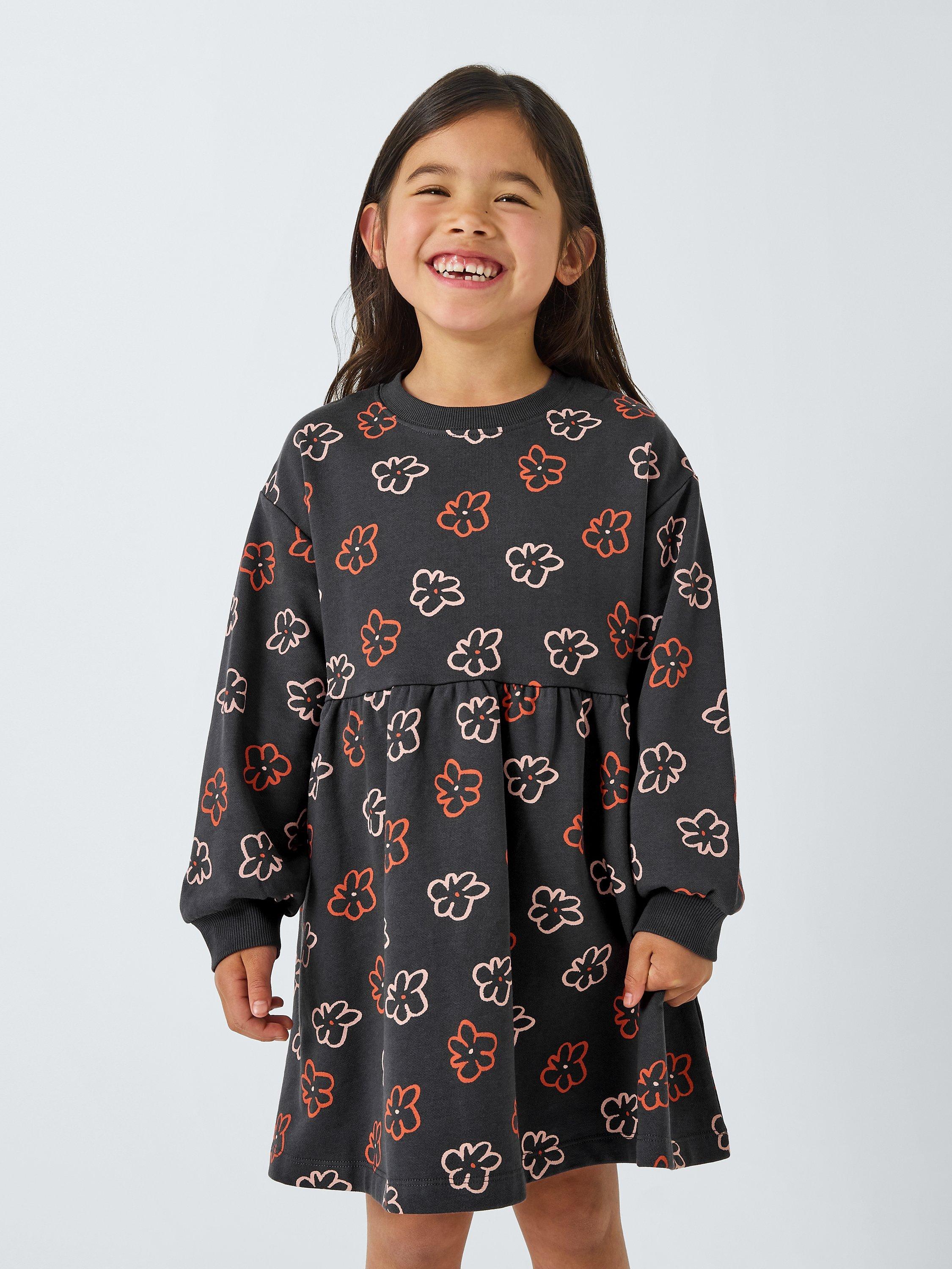 John Lewis ANYDAY Kids Flower Jersey Dress Charcoal