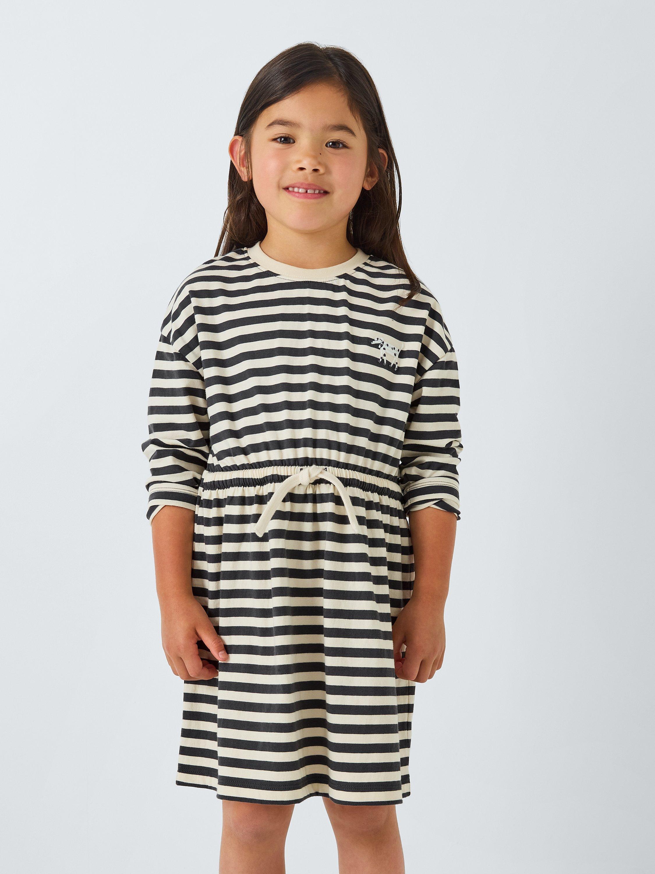 Product image 1 of 6, which shows John Lewis ANYDAY Kids' Dog Stripe Jersey Dress, Black/Gardenia, 8 years
