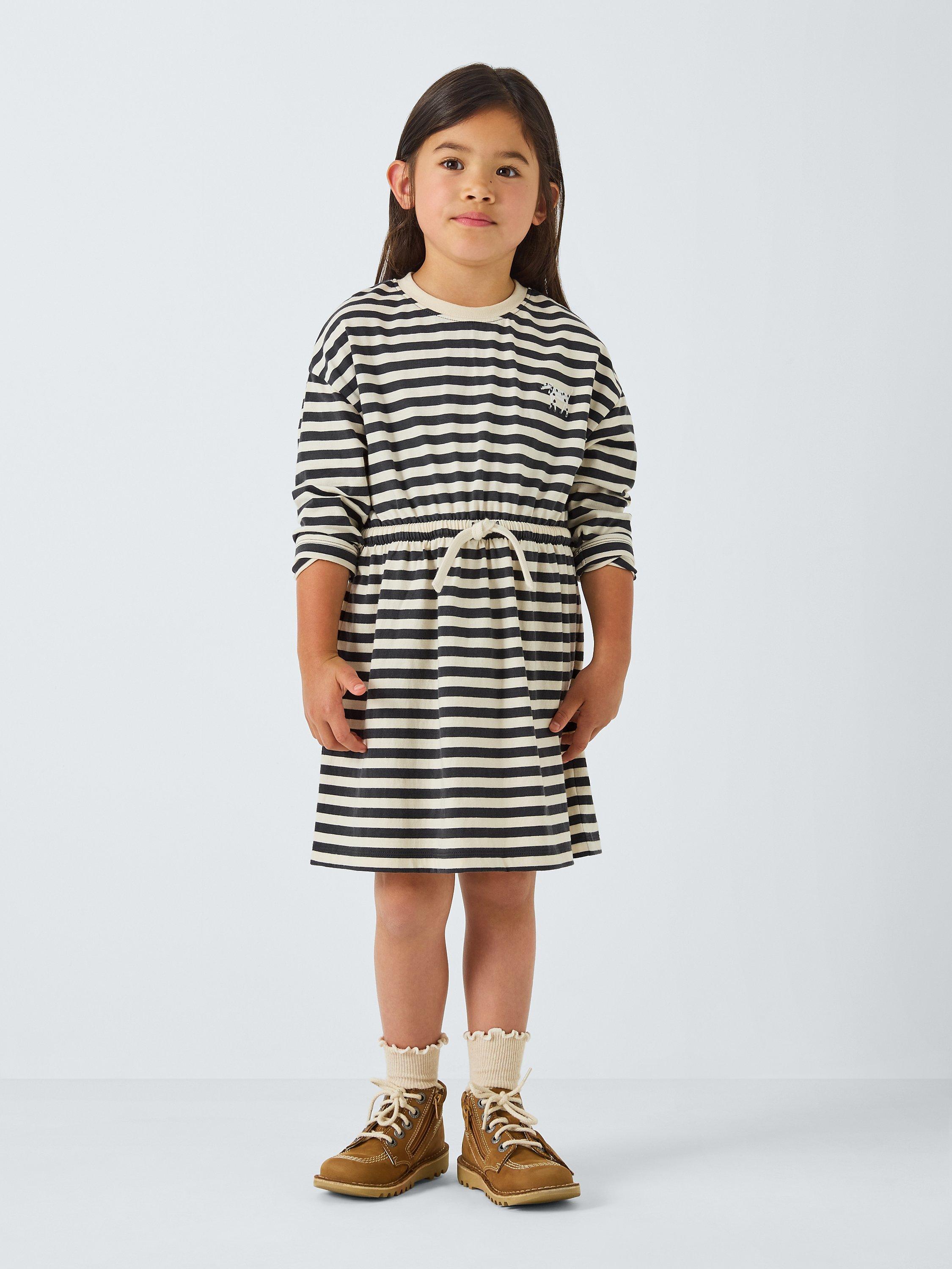 Product image 2 of 6, which shows John Lewis ANYDAY Kids' Dog Stripe Jersey Dress, Black/Gardenia, 8 years