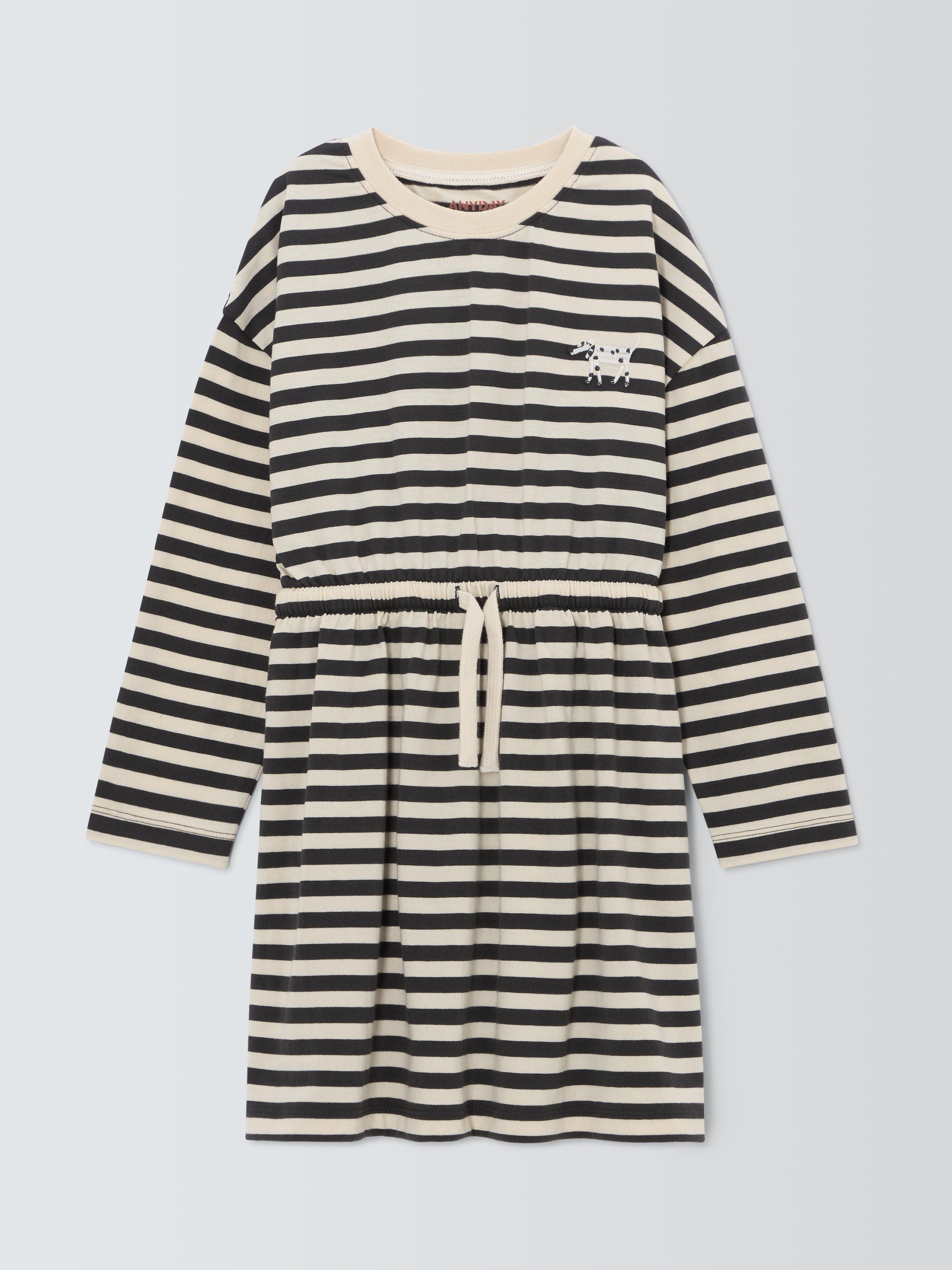 Product image 3 of 6, which shows John Lewis ANYDAY Kids' Dog Stripe Jersey Dress, Black/Gardenia, 8 years