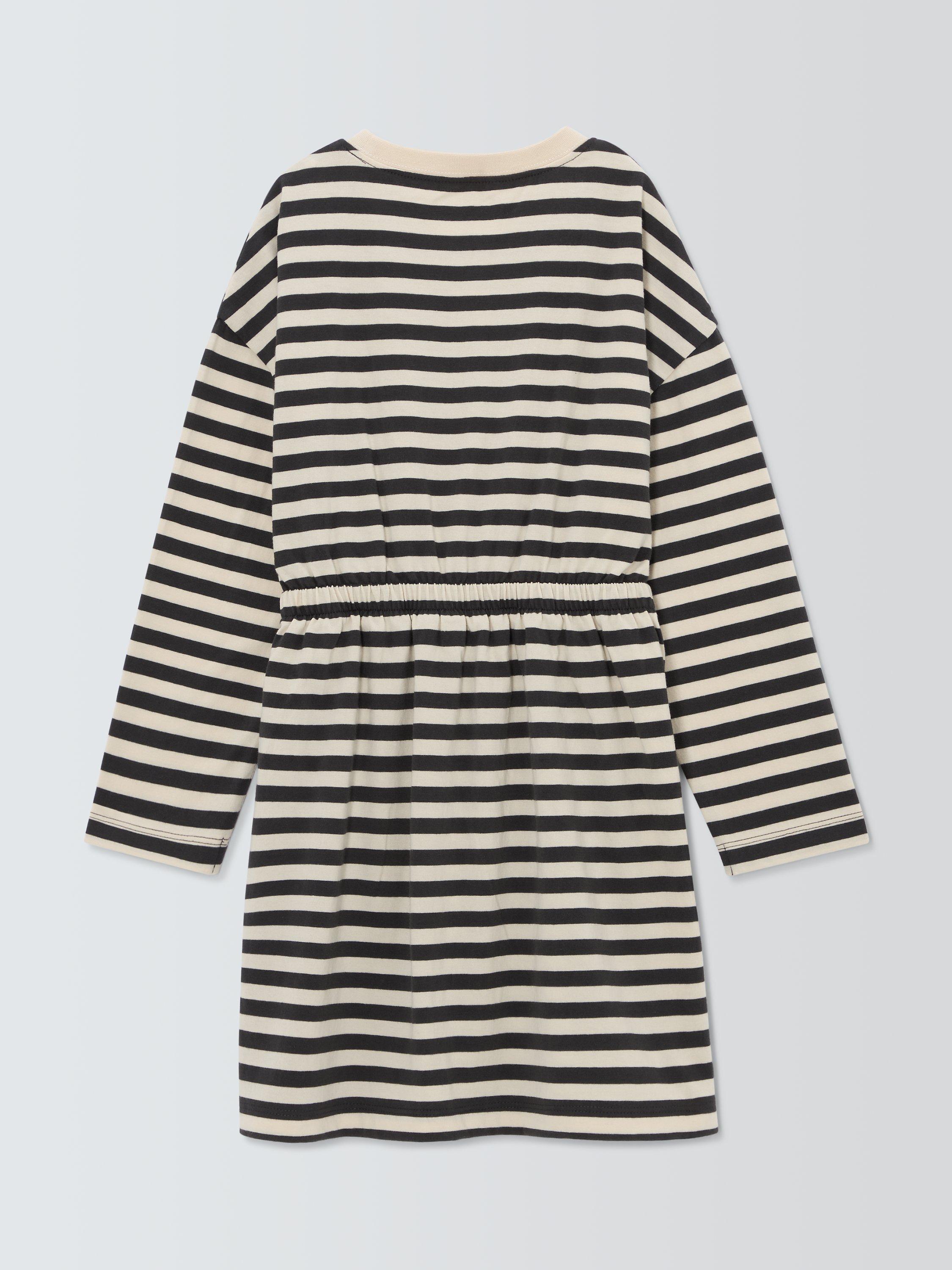 Product image 4 of 6, which shows John Lewis ANYDAY Kids' Dog Stripe Jersey Dress, Black/Gardenia, 8 years