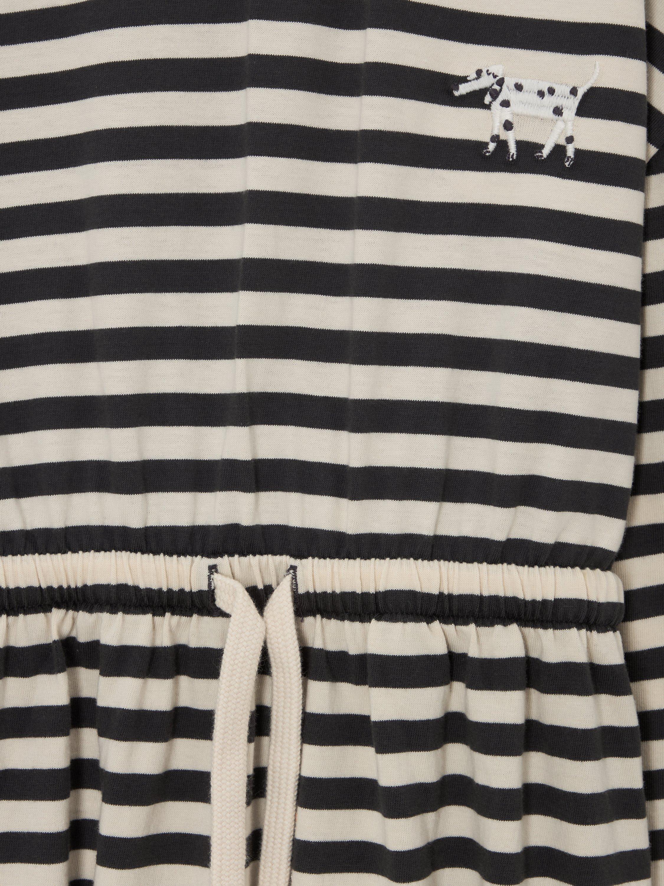 Product image 5 of 6, which shows John Lewis ANYDAY Kids' Dog Stripe Jersey Dress, Black/Gardenia, 8 years
