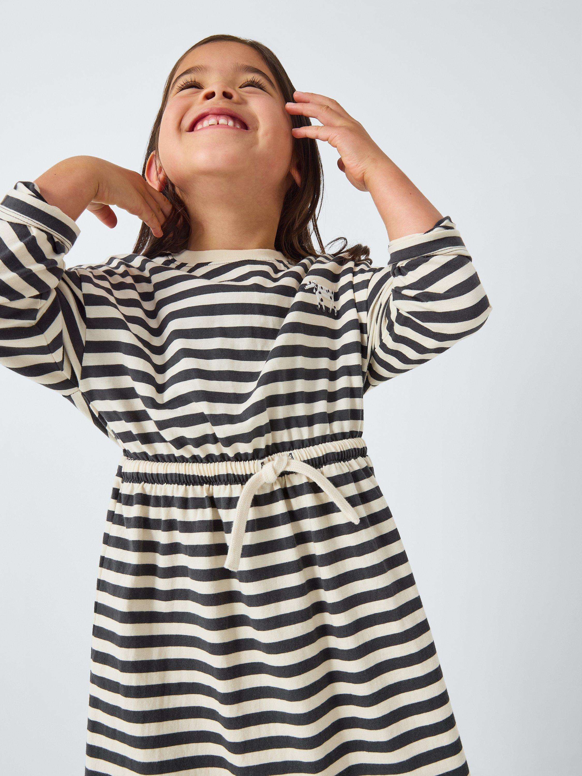 Product image 6 of 6, which shows John Lewis ANYDAY Kids' Dog Stripe Jersey Dress, Black/Gardenia, 8 years