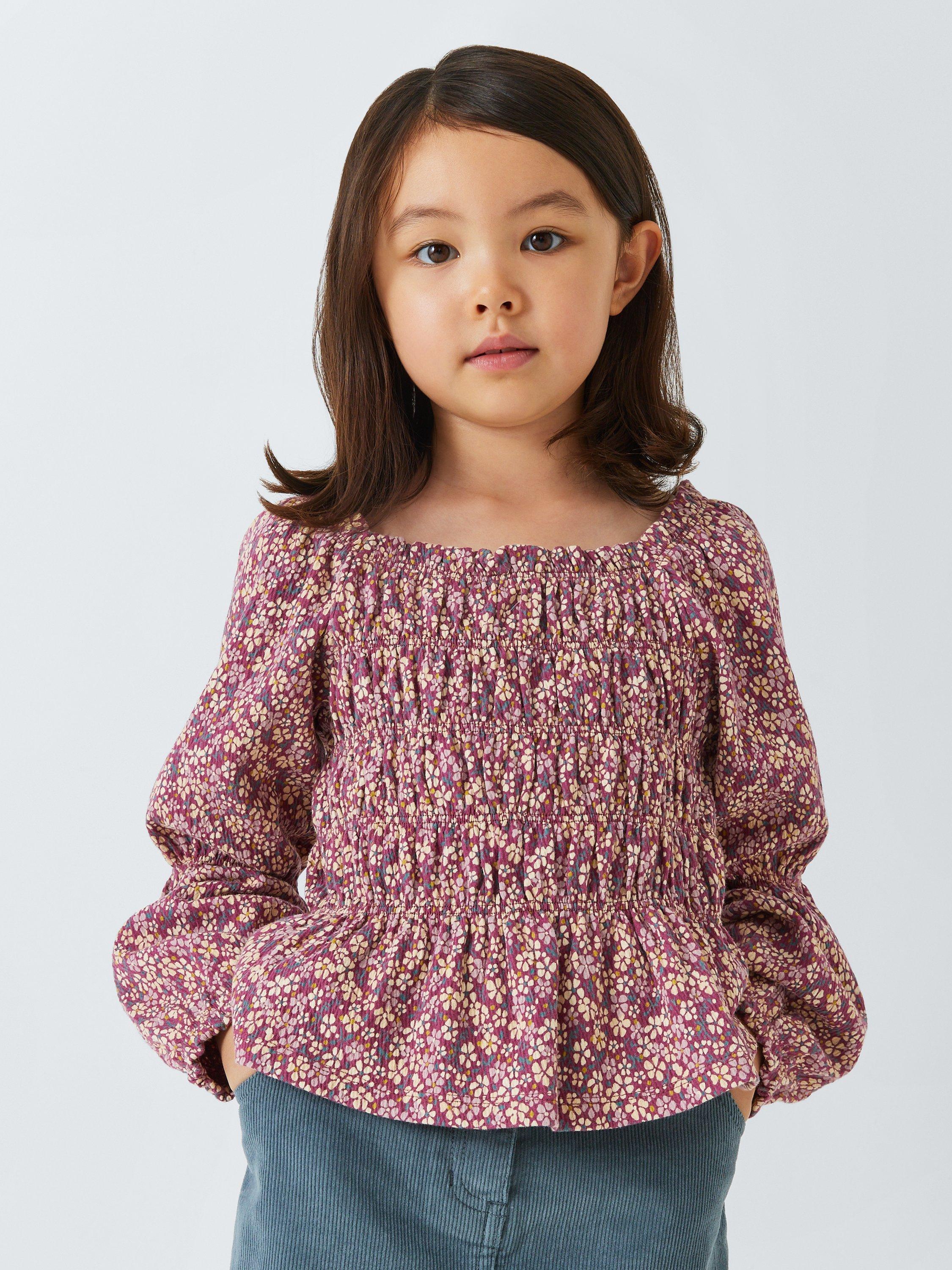 Product image 1 of 7, which shows John Lewis Kids' Floral Jersey Crinkle Blouse, Berry Rose, 2 years