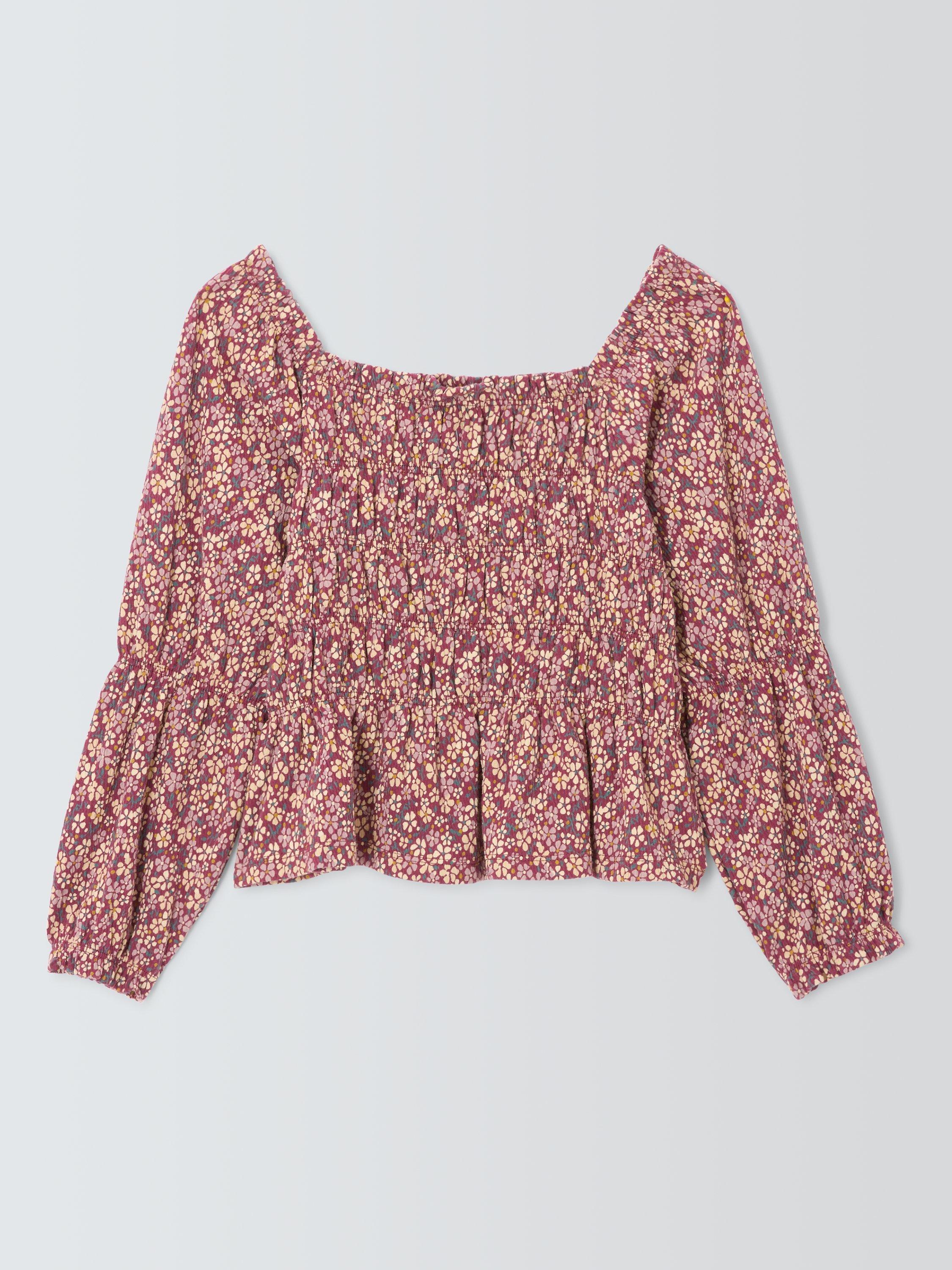 Product image 3 of 7, which shows John Lewis Kids' Floral Jersey Crinkle Blouse, Berry Rose, 2 years