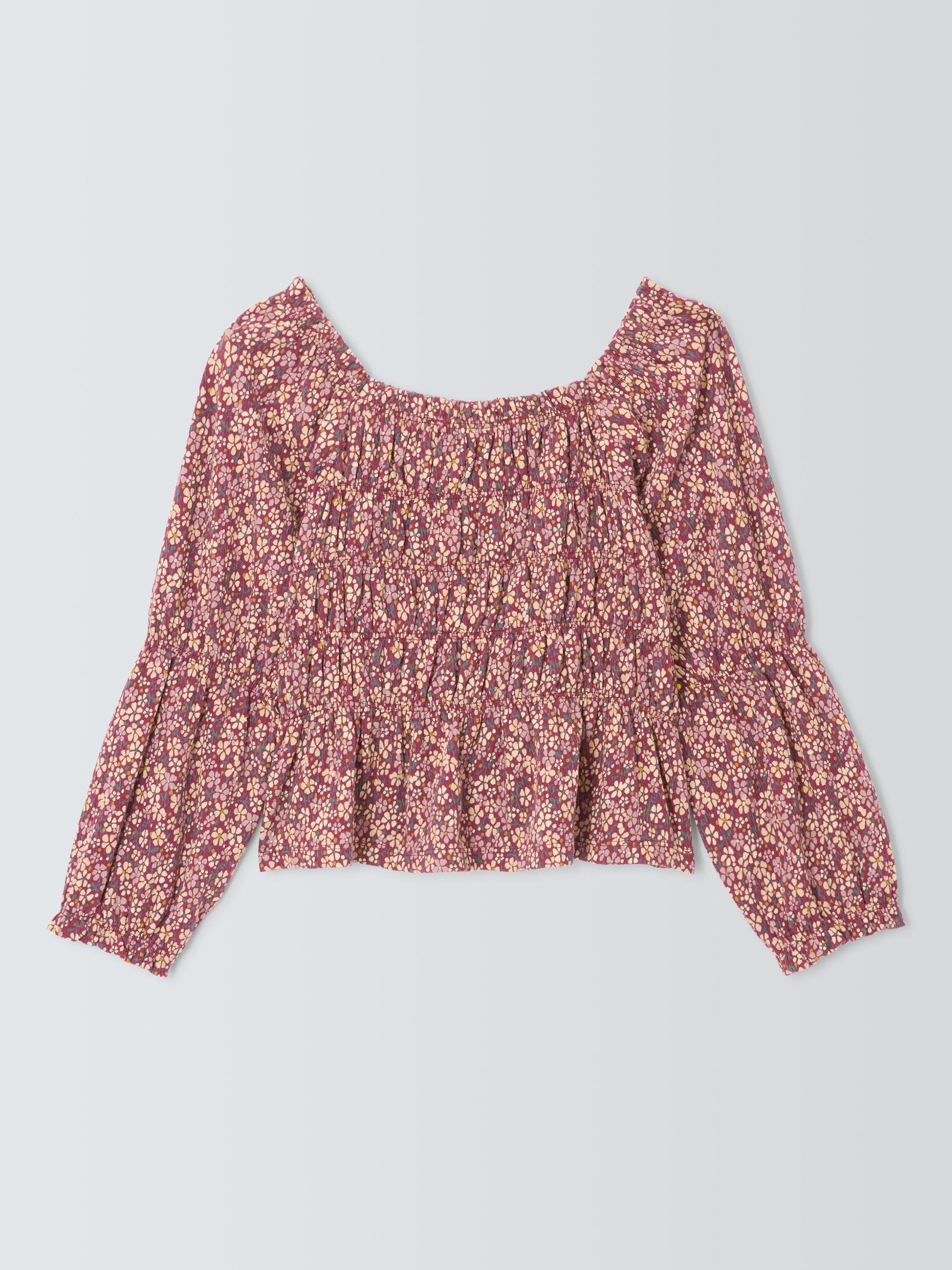Product image 6 of 7, which shows John Lewis Kids' Floral Jersey Crinkle Blouse, Berry Rose, 2 years