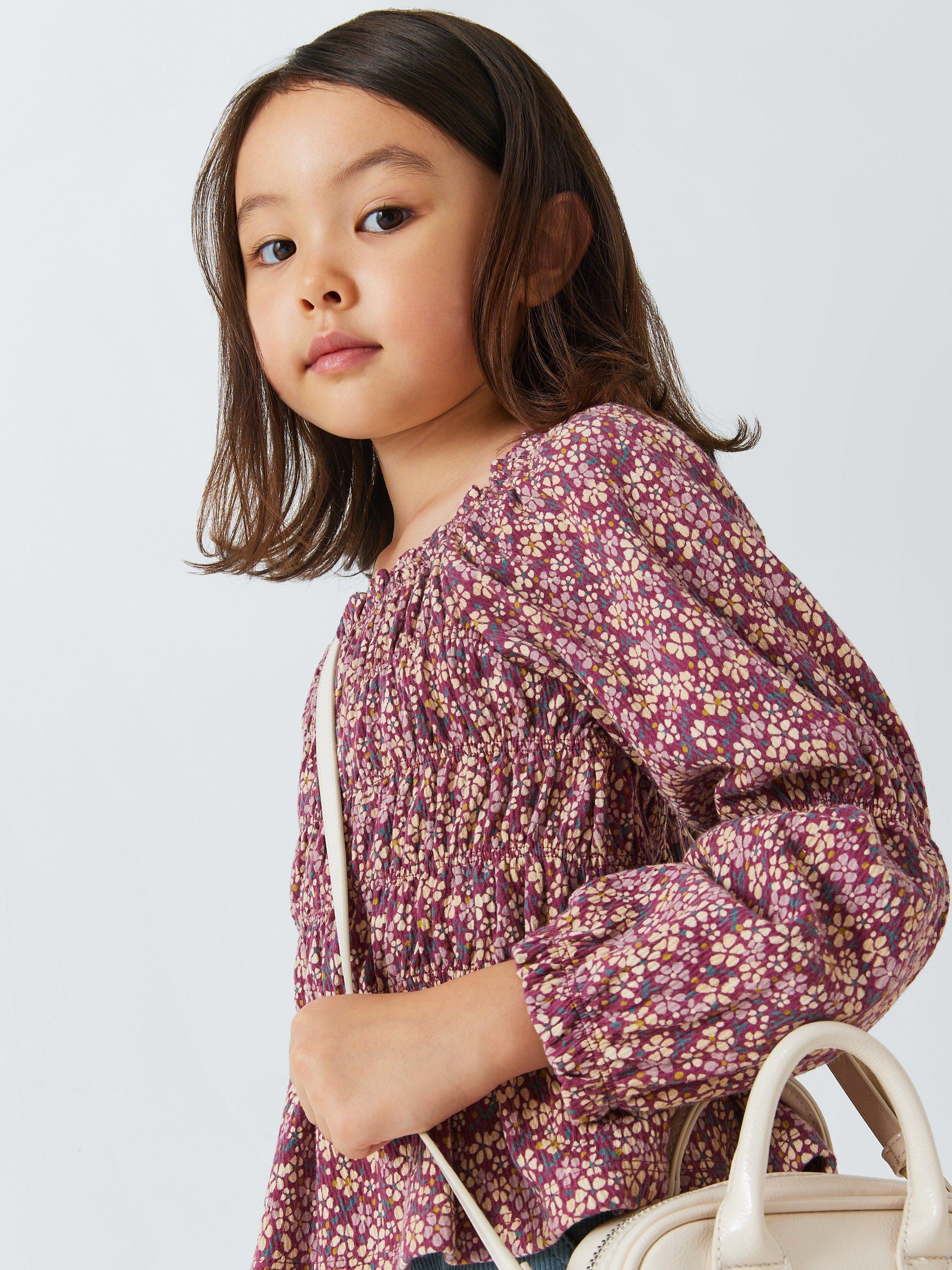John Lewis Kids' Floral Jersey Crinkle Blouse, Berry Rose