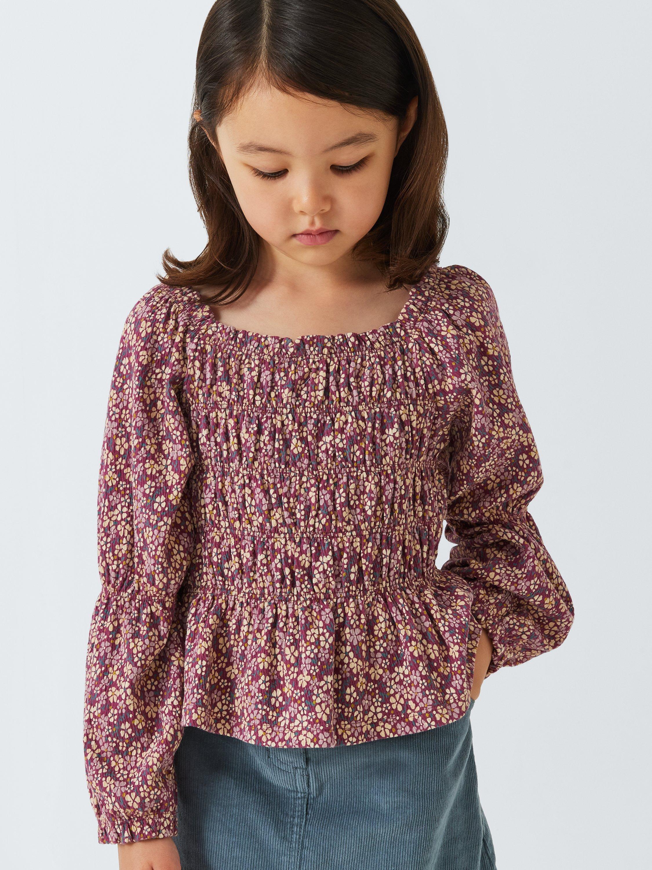 Product image 5 of 7, which shows John Lewis Kids' Floral Jersey Crinkle Blouse, Berry Rose, 2 years
