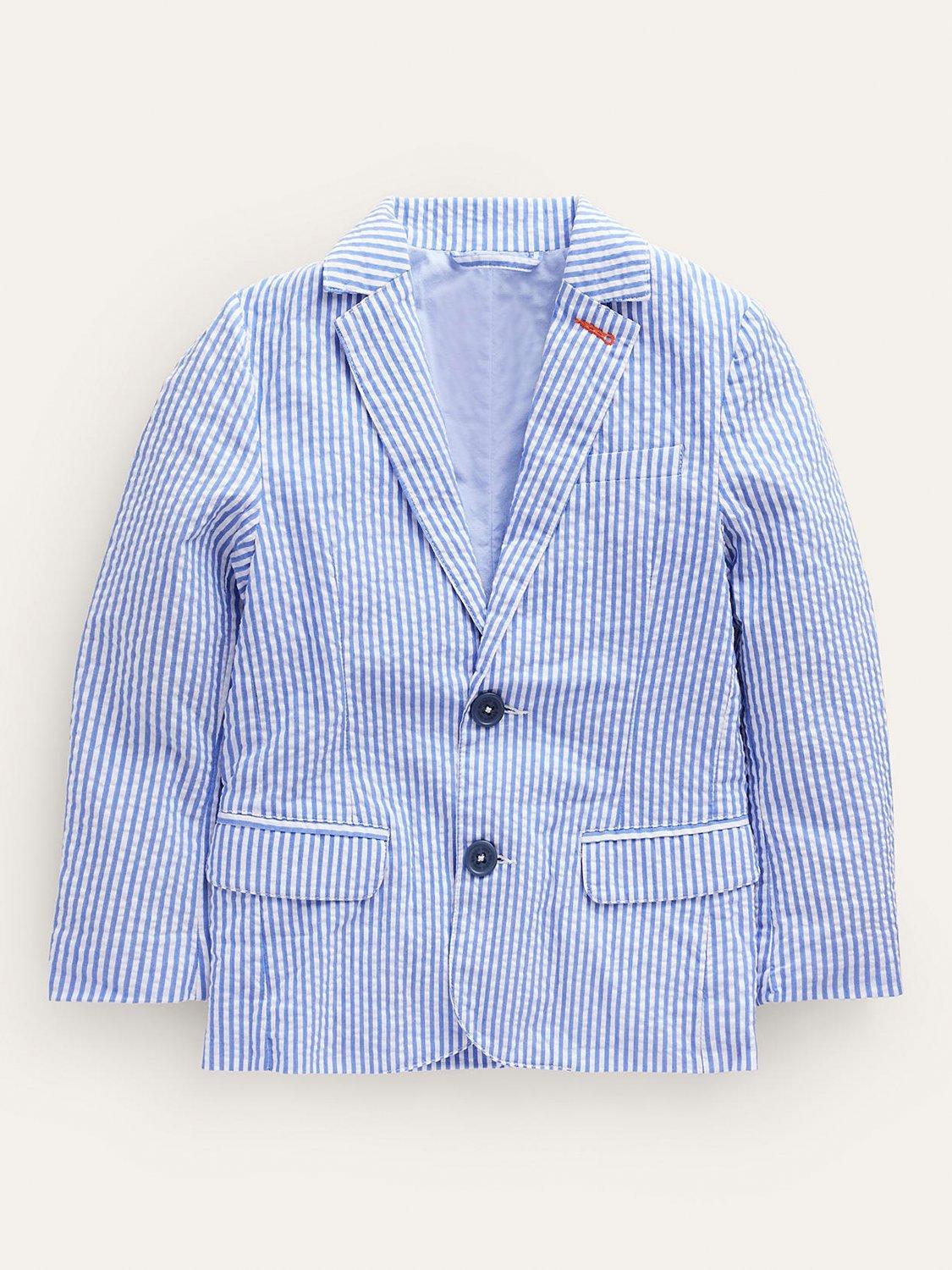 Product image 1 of 3, which shows Mini Boden Kids' Seersucker Cotton Blazer, Blue/Ivory, 2-3 years
