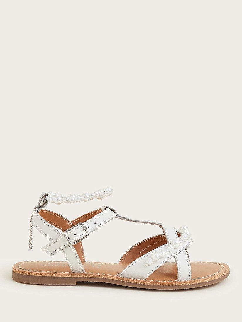 Monsoon Kids' Leather Anklet Strap Beaded Sandals, Ivory