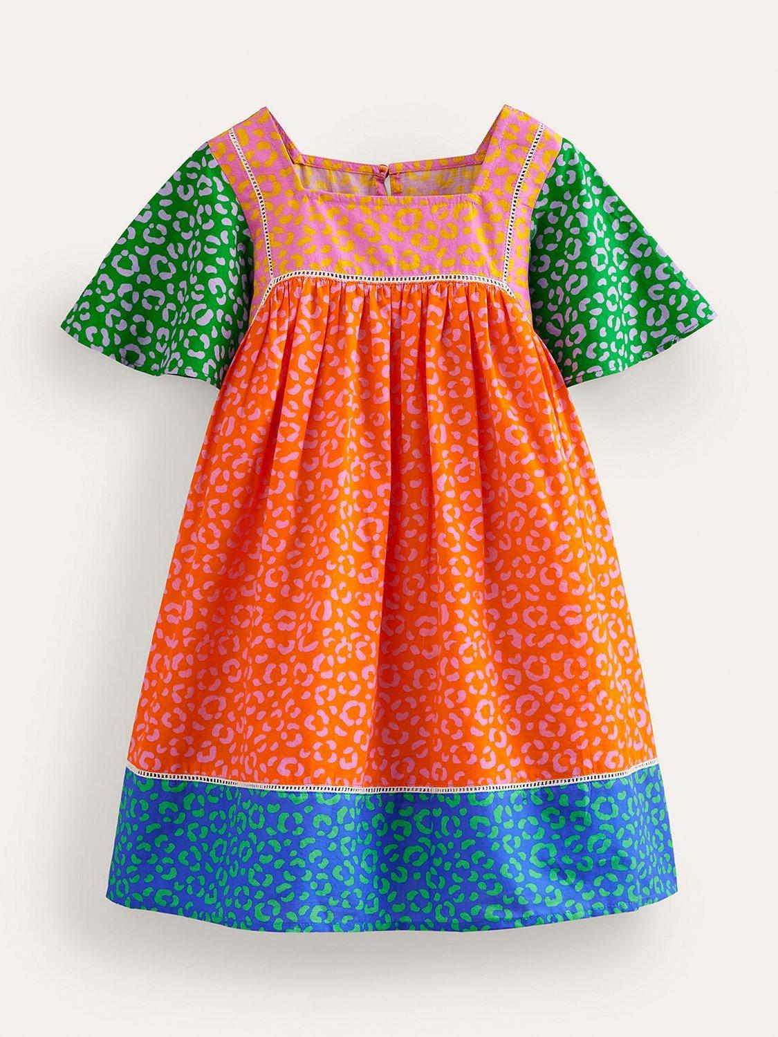 Mini Boden Kids' Colour Block Leopard Print Lightweight Holiday Dress, Multi