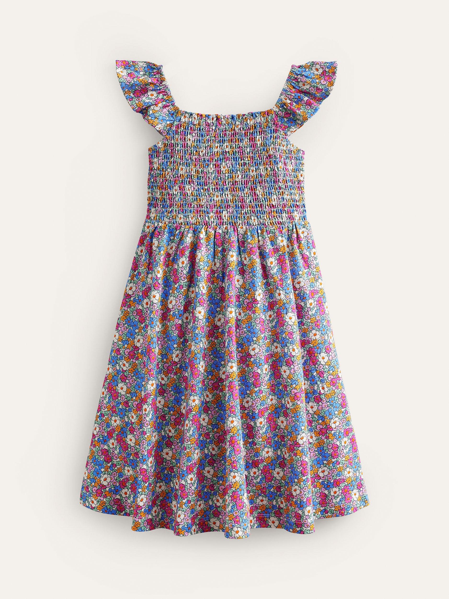 Mini Boden Kids' Floral Shirred Jersey Dress, Pink Nautical