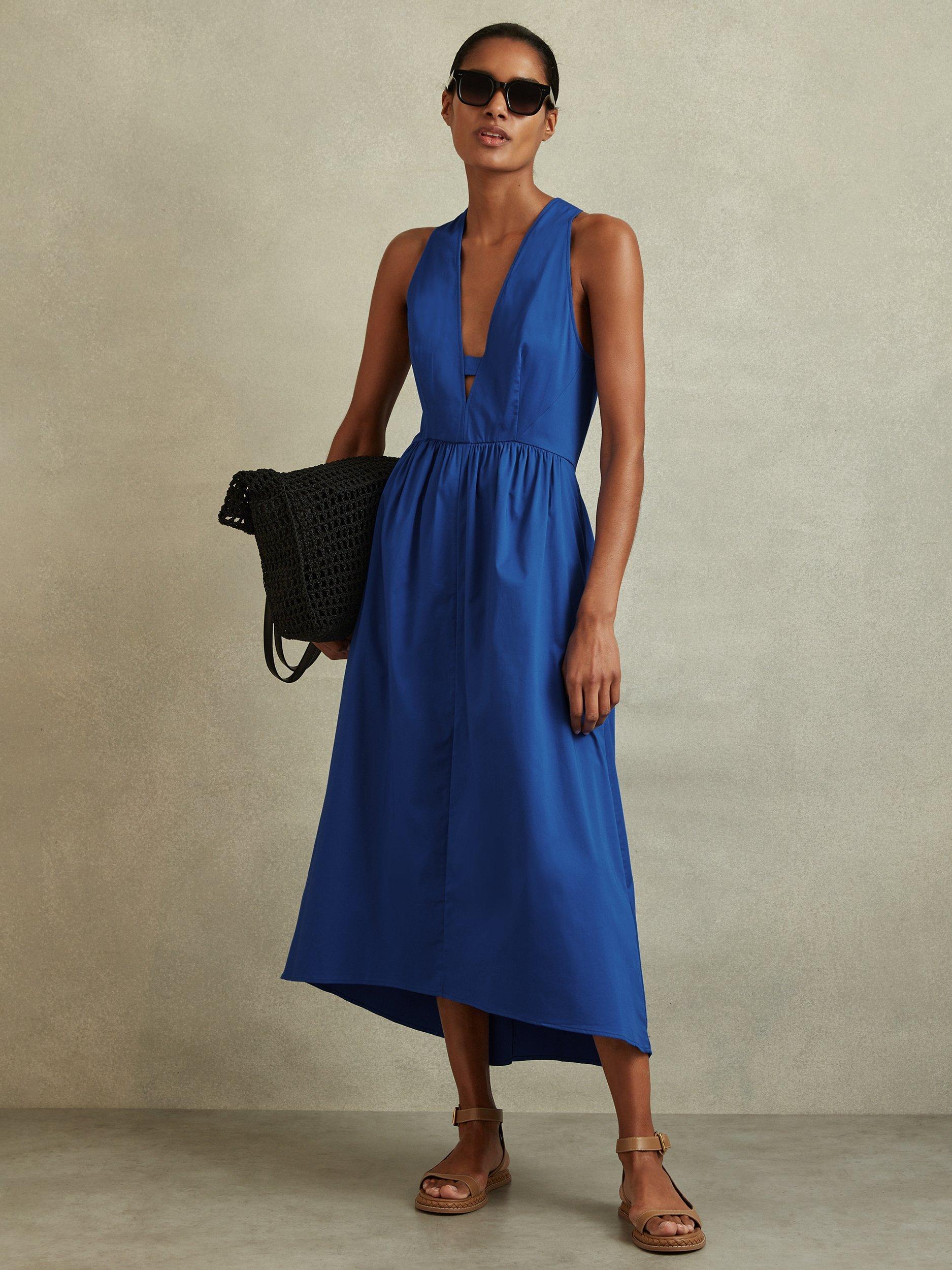Reiss Petite Yana Cotton Blend High-Low Hem Midi Dress, Cobalt Blue