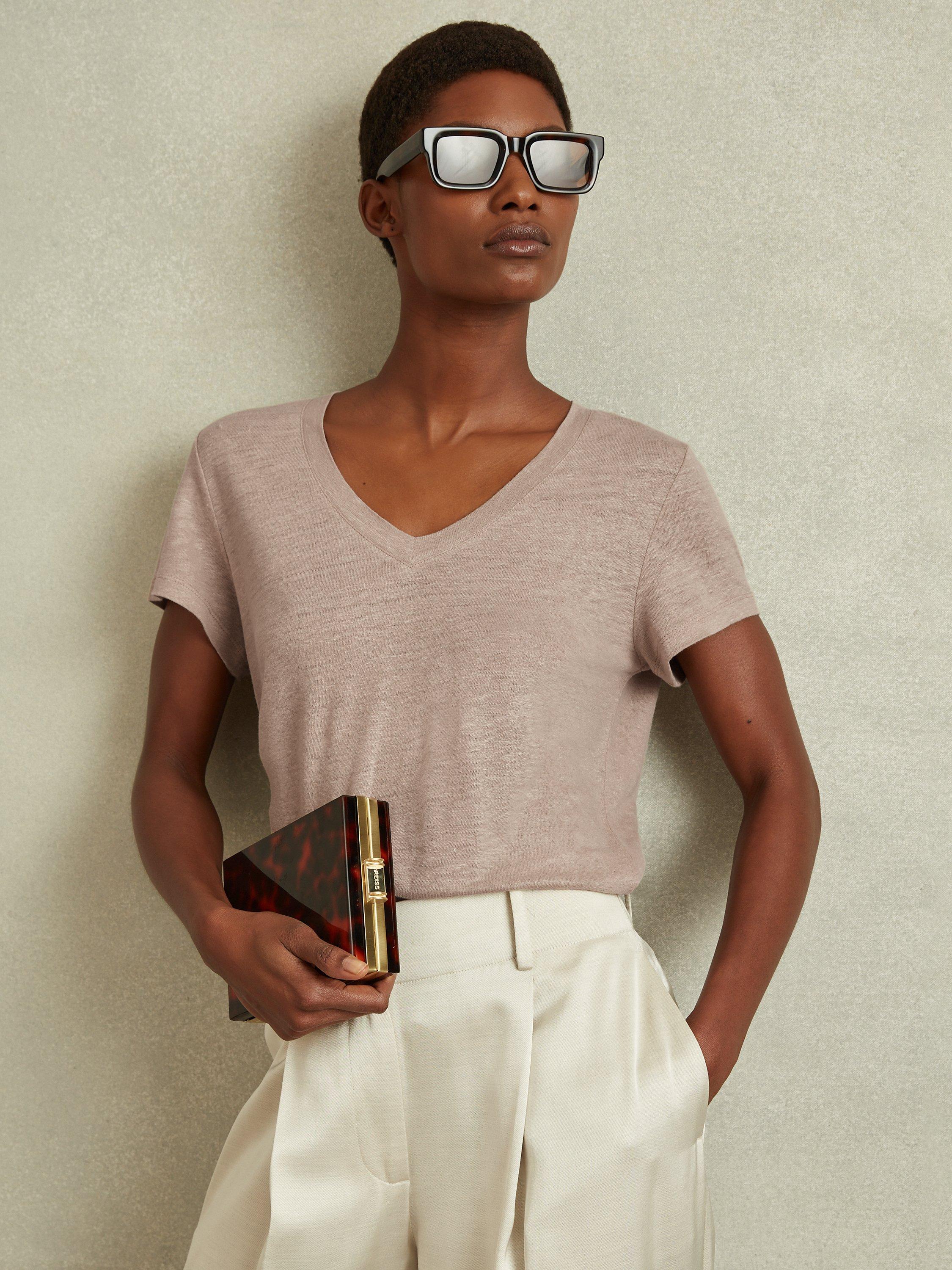 Reiss Lottie Linen V-Neck T-Shirt, Mink