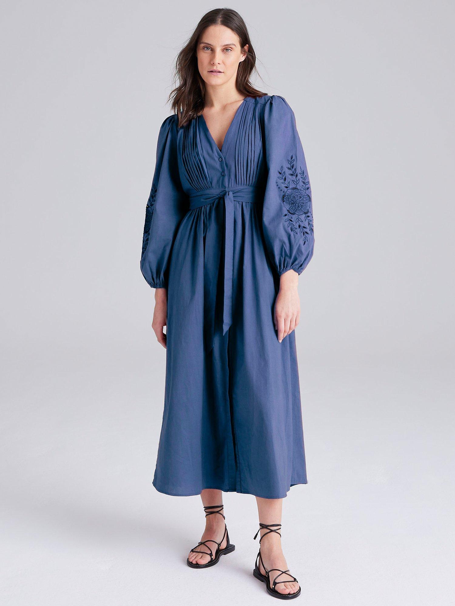 Cape Cove Embroidered Sleeve Denim Dress, Blue, XS
