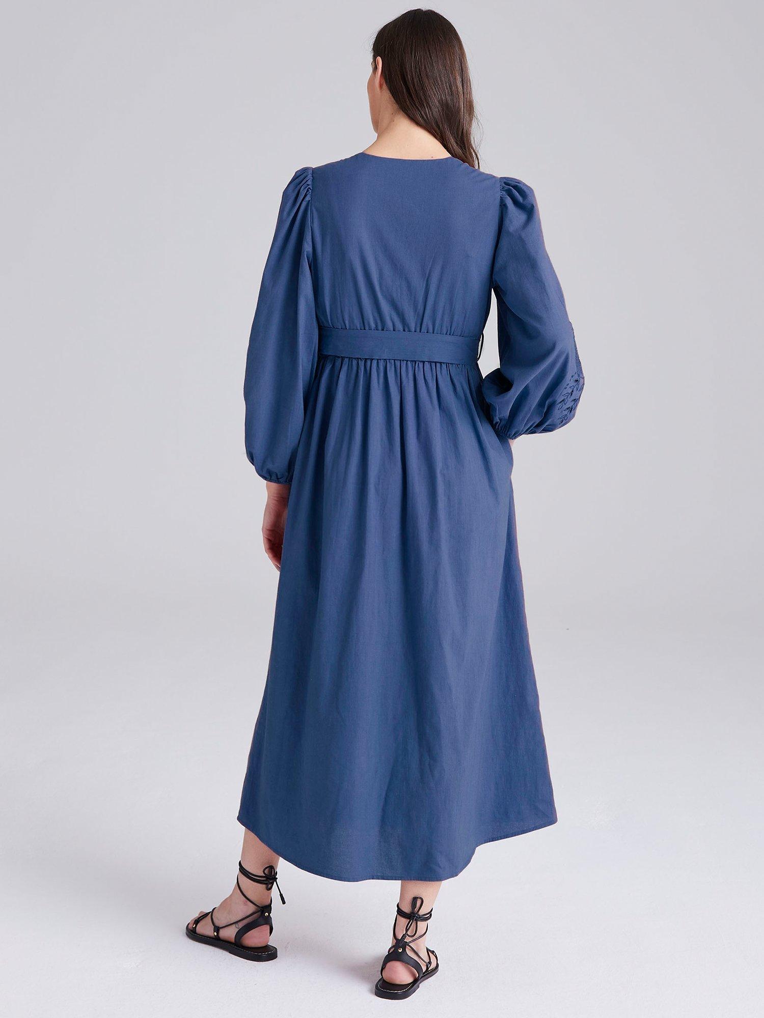 Cape Cove Embroidered Sleeve Denim Dress, Blue, XS