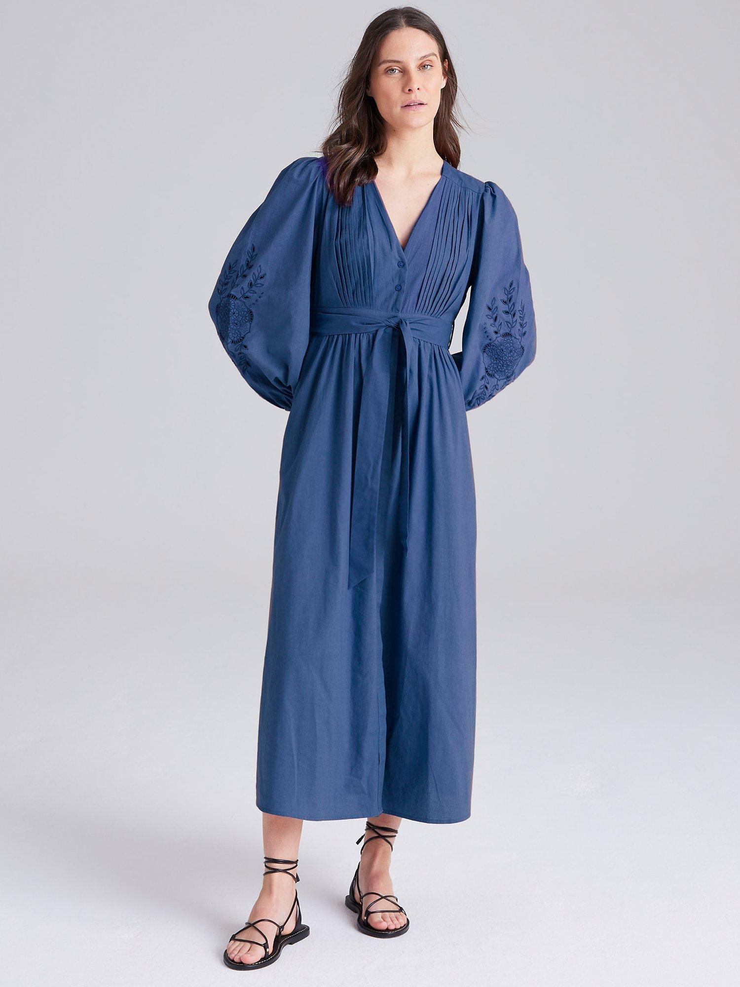 Cape Cove Embroidered Sleeve Denim Dress, Blue, XS