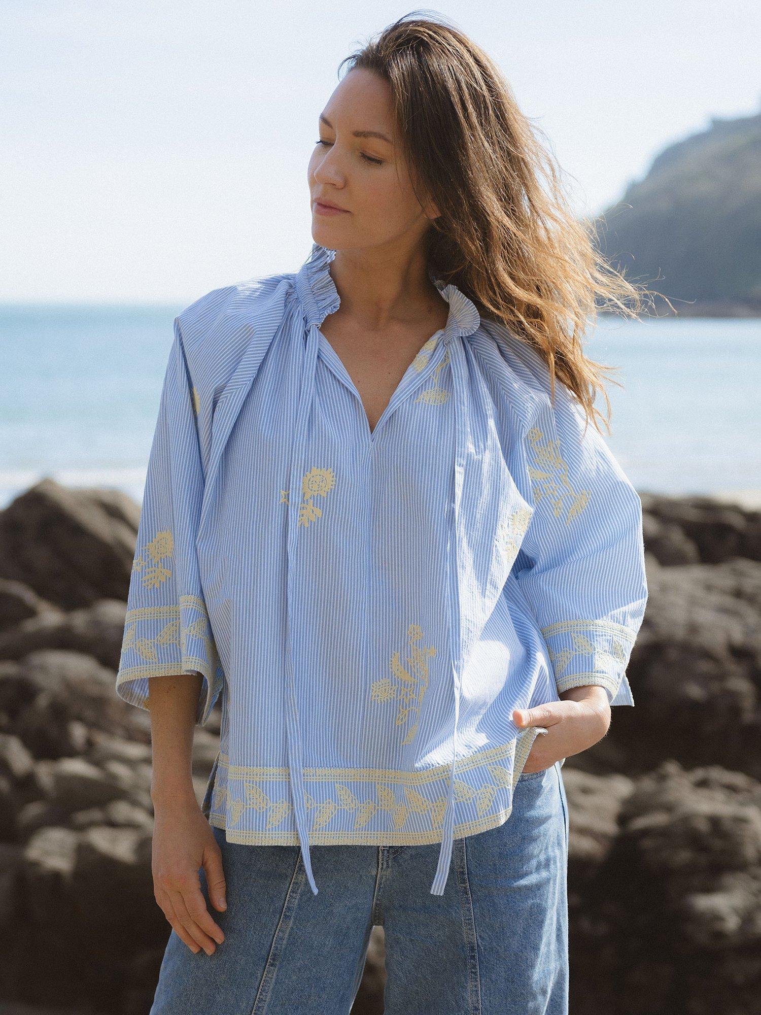 Cape Cove Zodiac Embroidered Blouse, Blue/Lemon