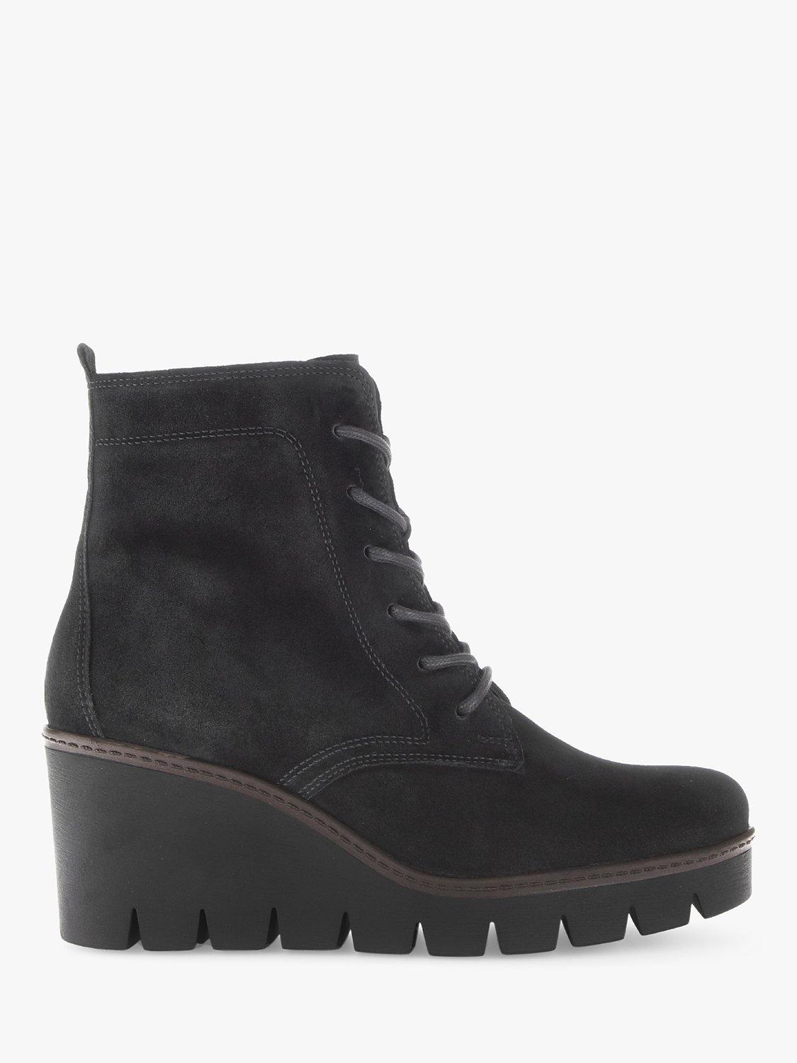 Gabor Unity Suede Lace Up Wedge Boots Black