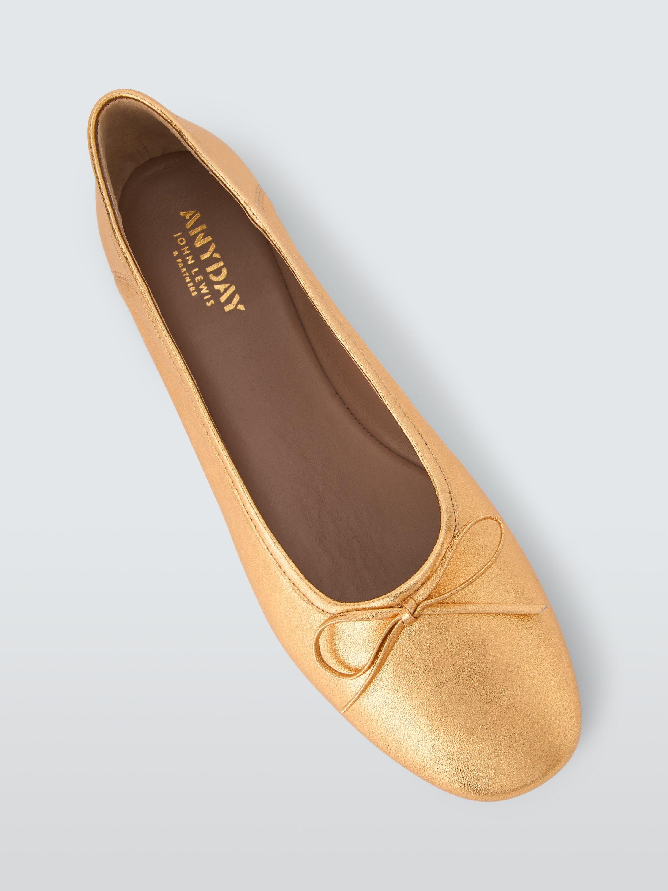 John Lewis ANYDAY Hudson Leather Round Toe Sachetto Ballerina Pumps Gold