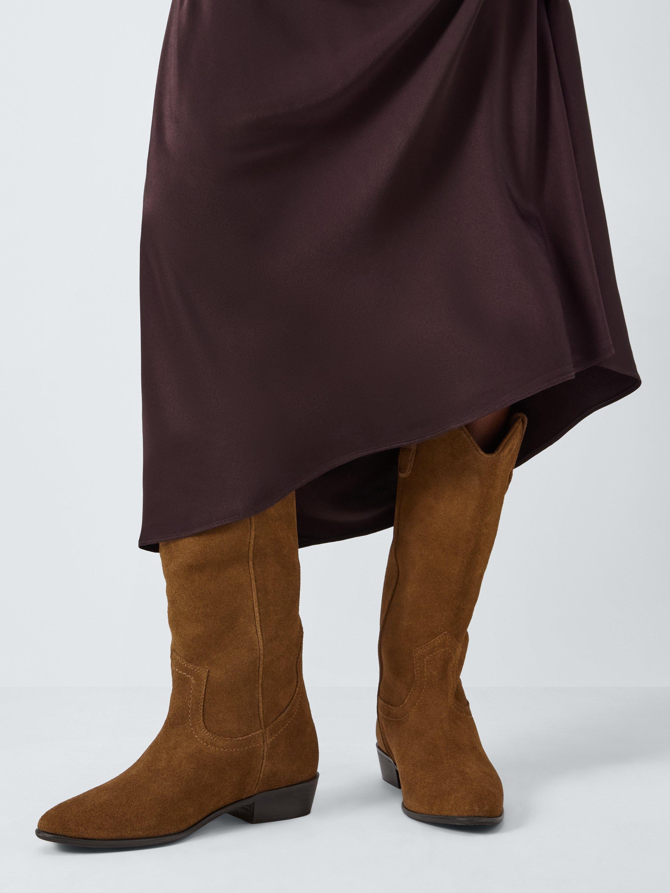 Product image 2 of 6, which shows AND/OR Talan Suede Refined Low Heel French Western Boots, Tobacco, 3