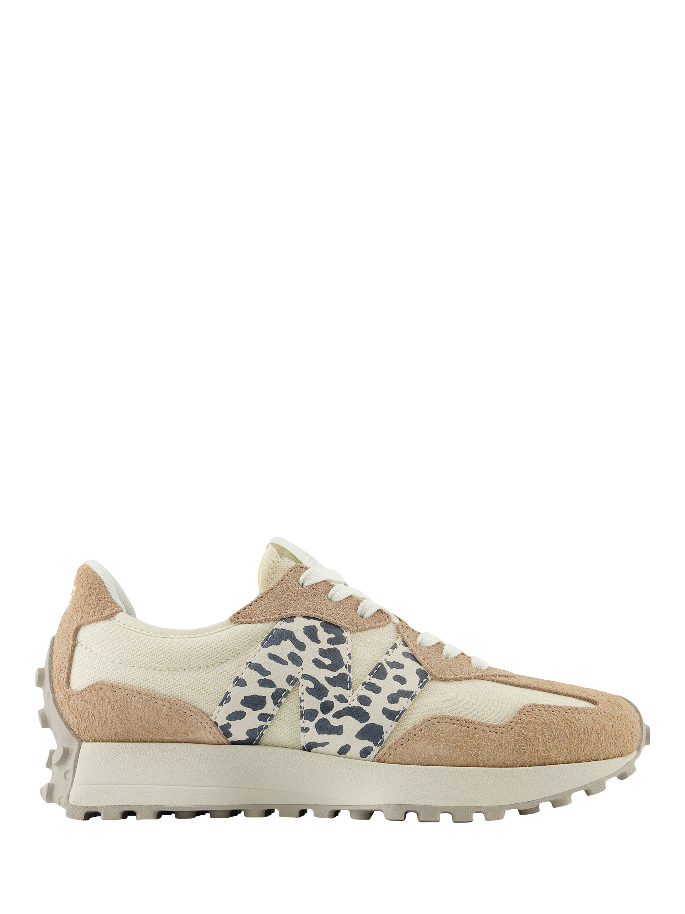 Product image 1 of 7, which shows New Balance 327 Suede Blend Animal Trainers, Linen, 8