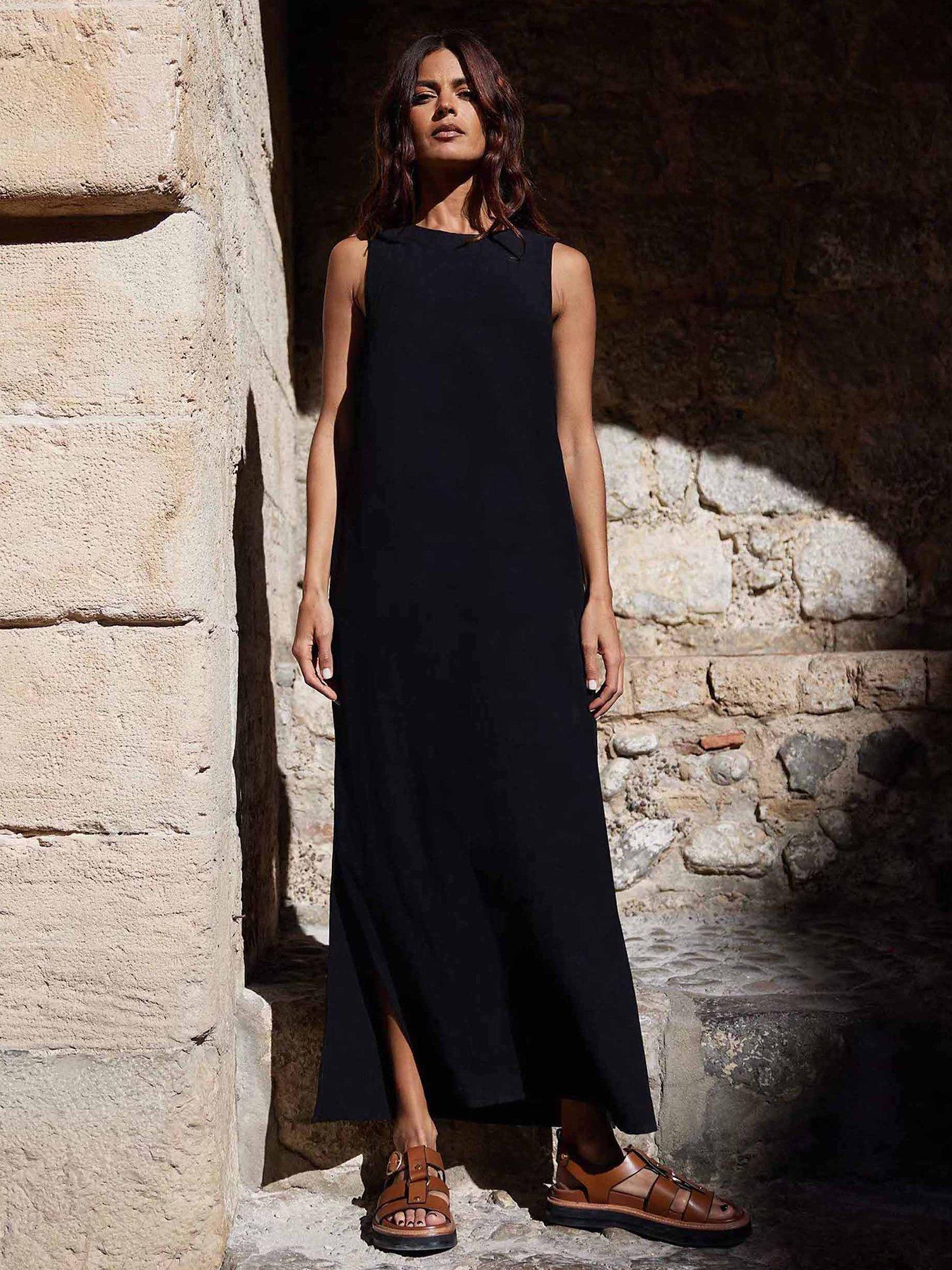 Ro Zo Linen Blend Tie Waist Column Maxi Dress Black