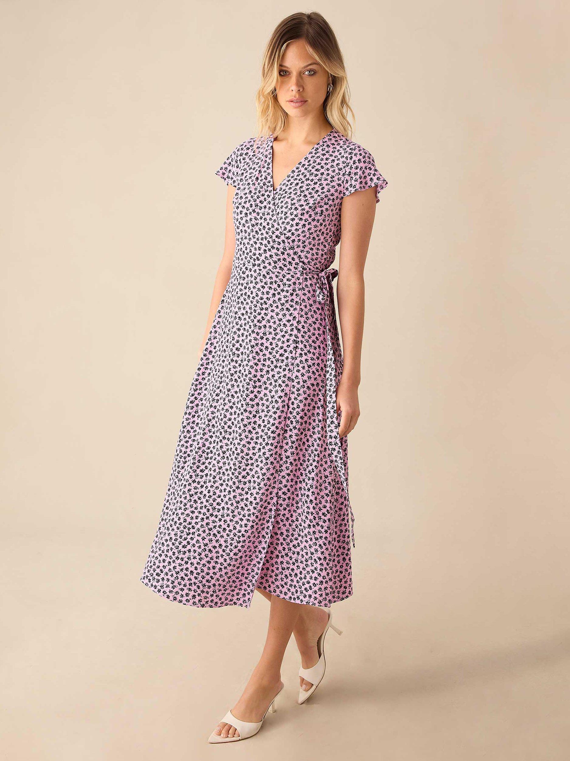 Ro&Zo Ditsy Floral Print Wrap Midi Dress, Pink/Black