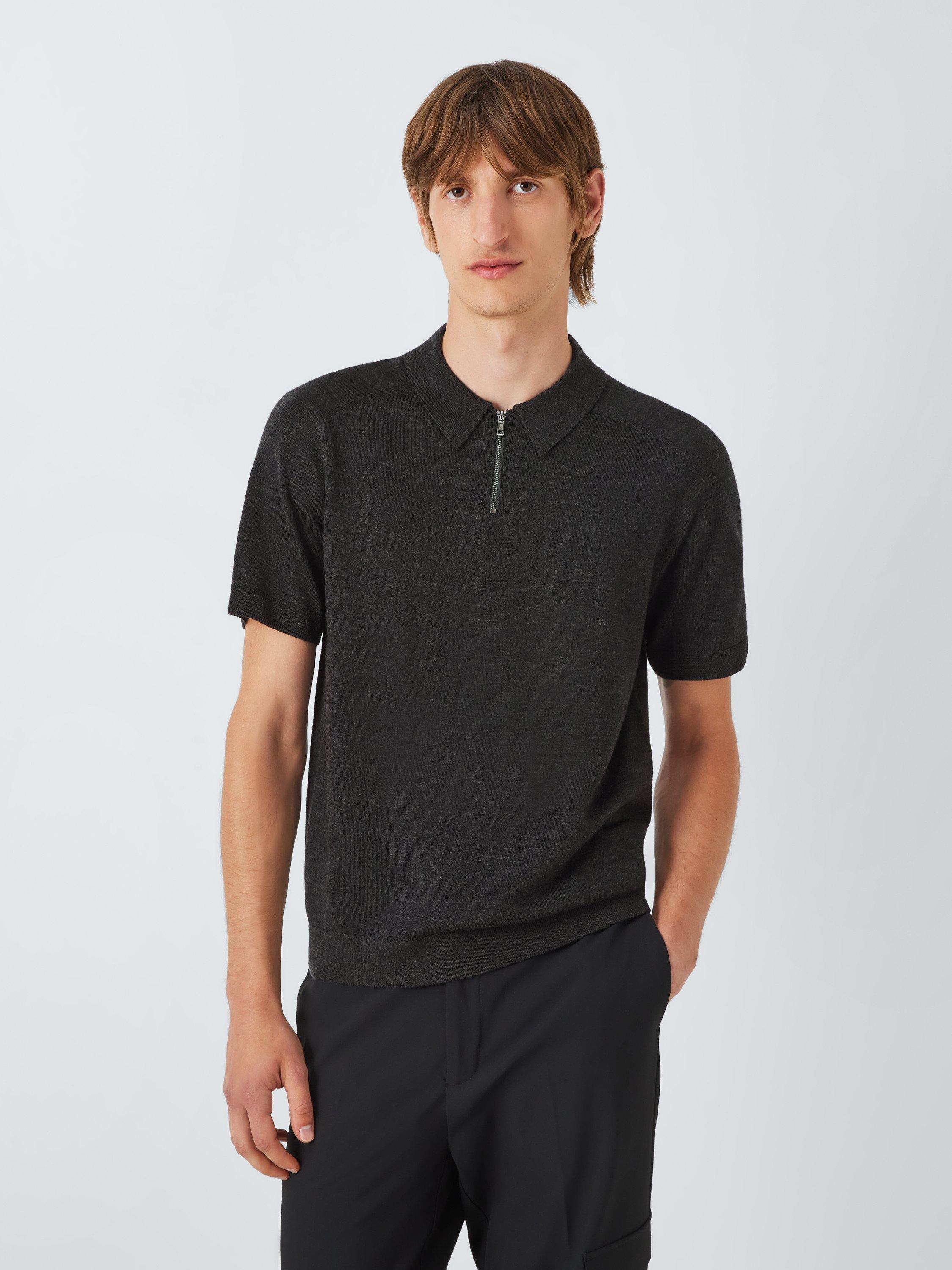 Kin Short Sleeve Merino Wool Polo Neck Jumper, Shiitake, Charcoal Melange
