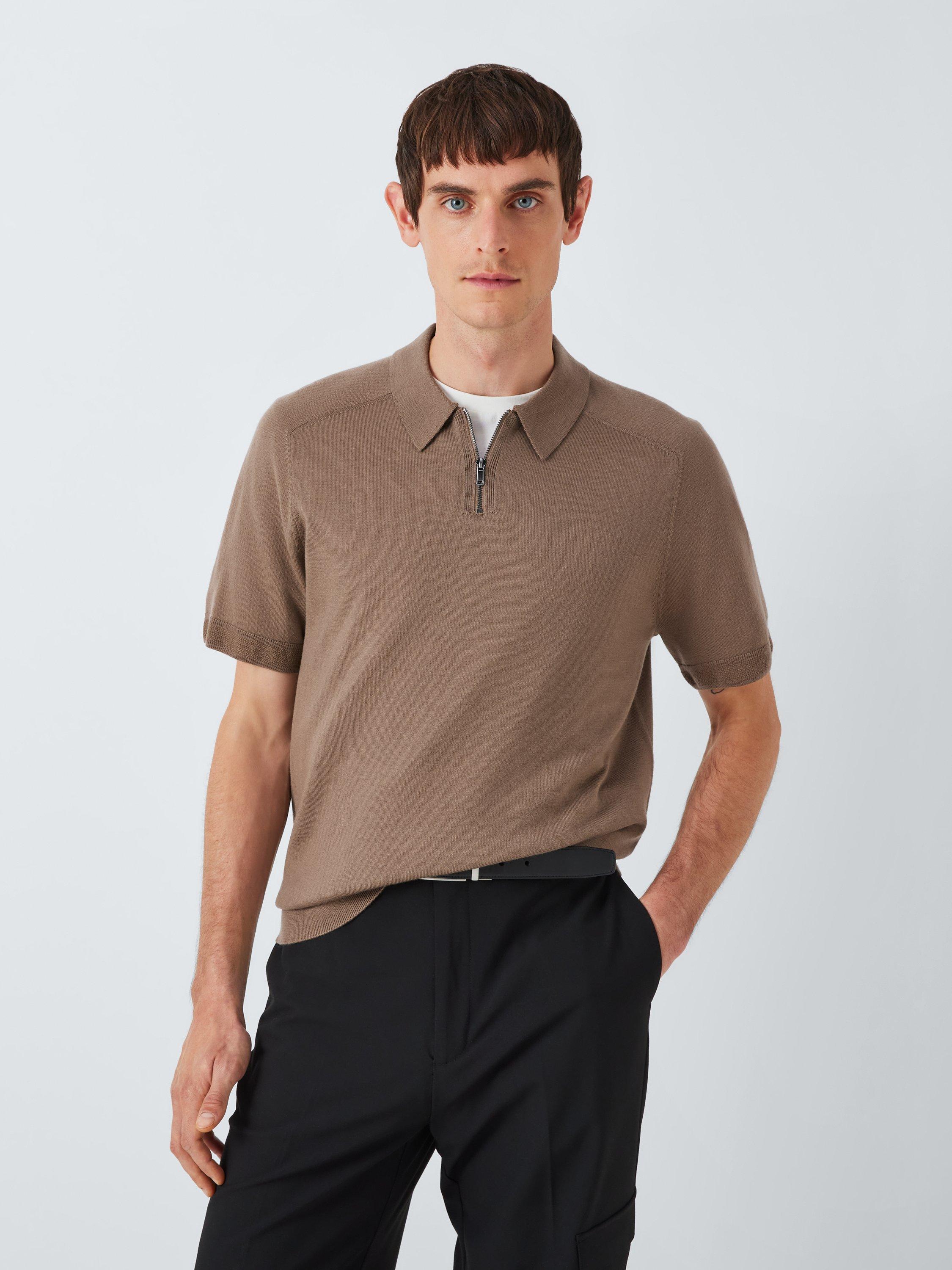 Kin Short Sleeve Merino Wool Polo Neck Jumper, Shiitake, Shiitake