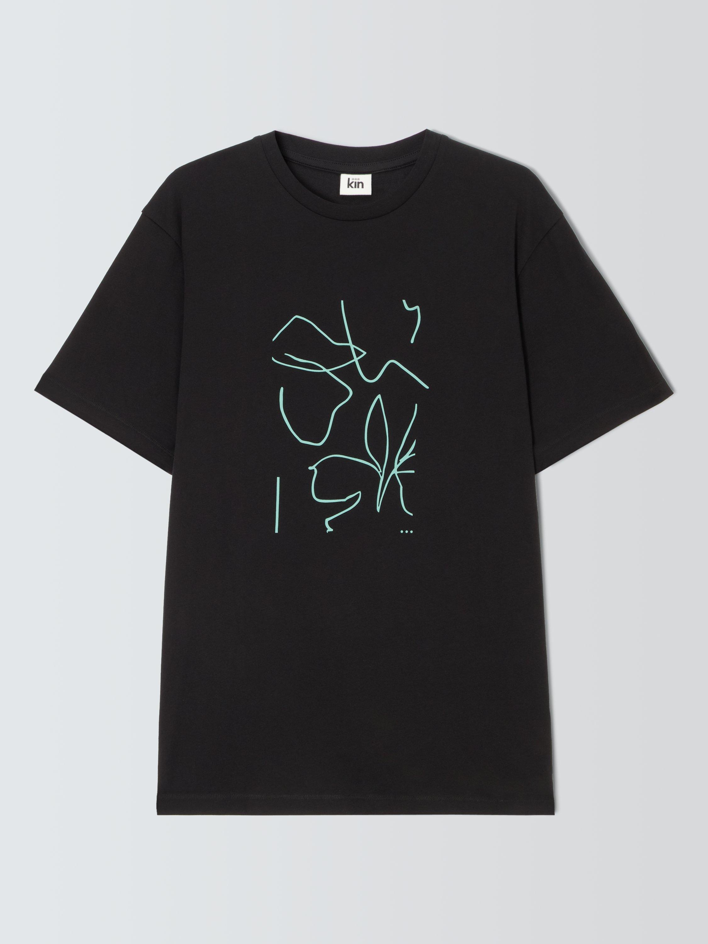 Kin Linear Graphic Print Cotton T-Shirt, Black Beauty