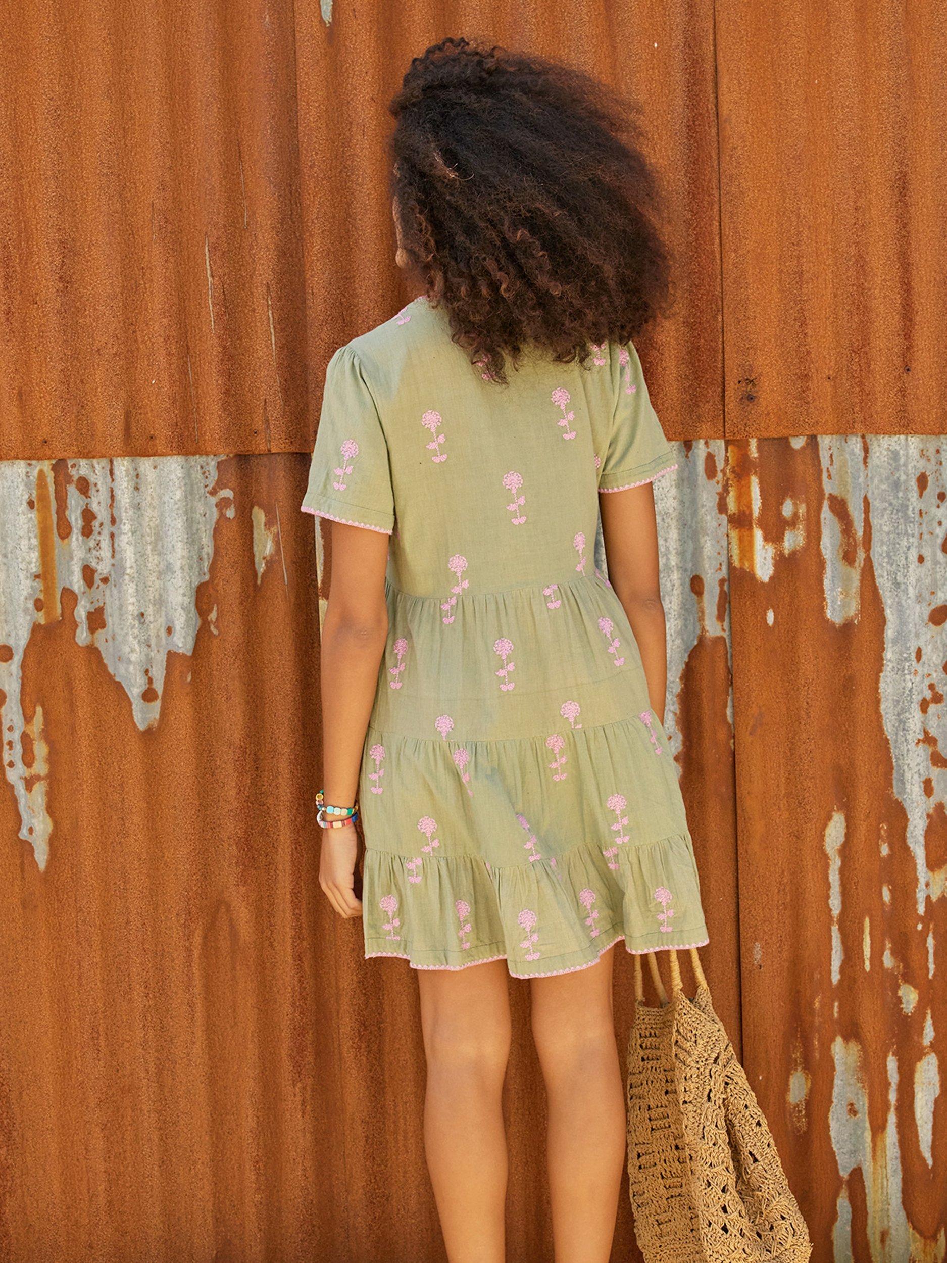 Product image 2 of 5, which shows Aspiga India Embroidered Mini Dress, Khaki/Pink, XS