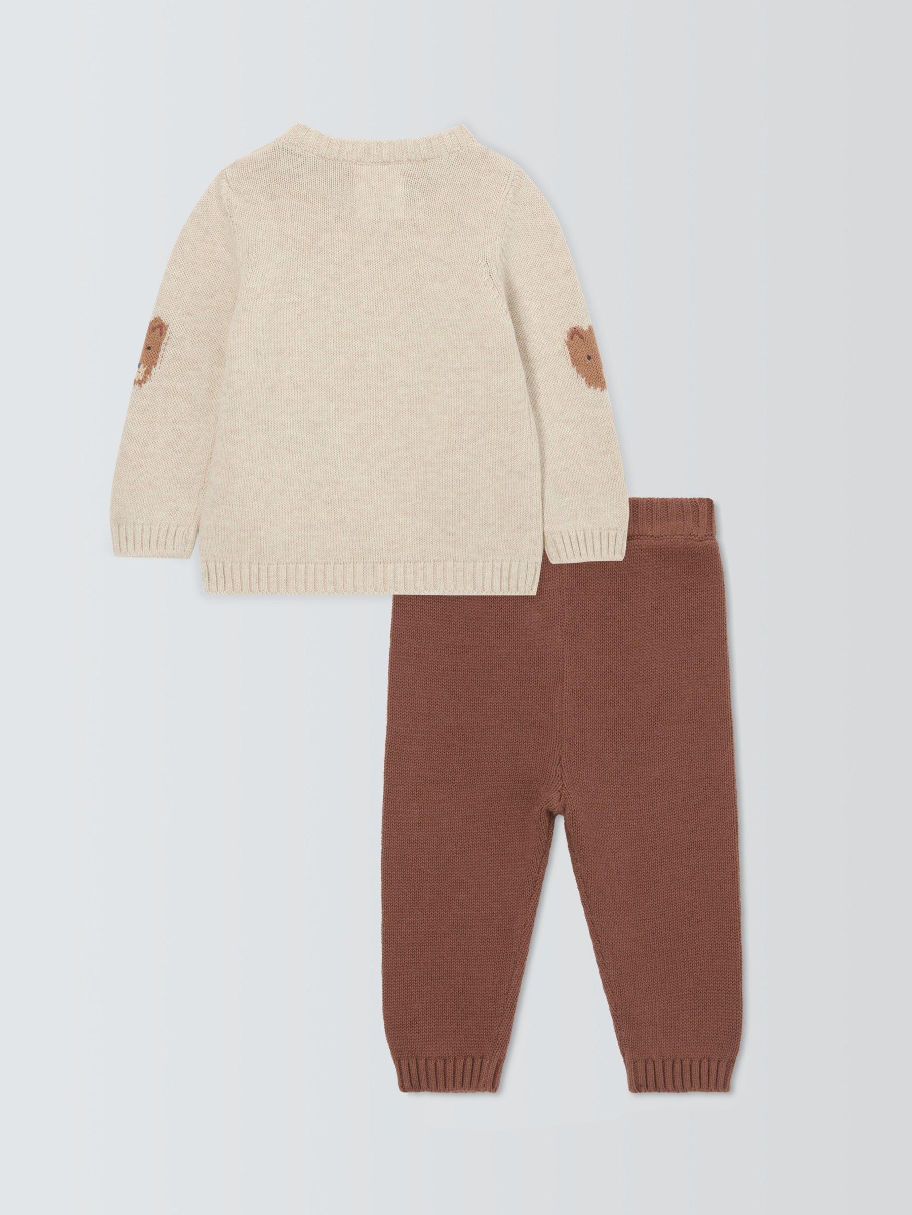 John Lewis Baby Cotton Bear Jumper Trousers Set Cream Brown