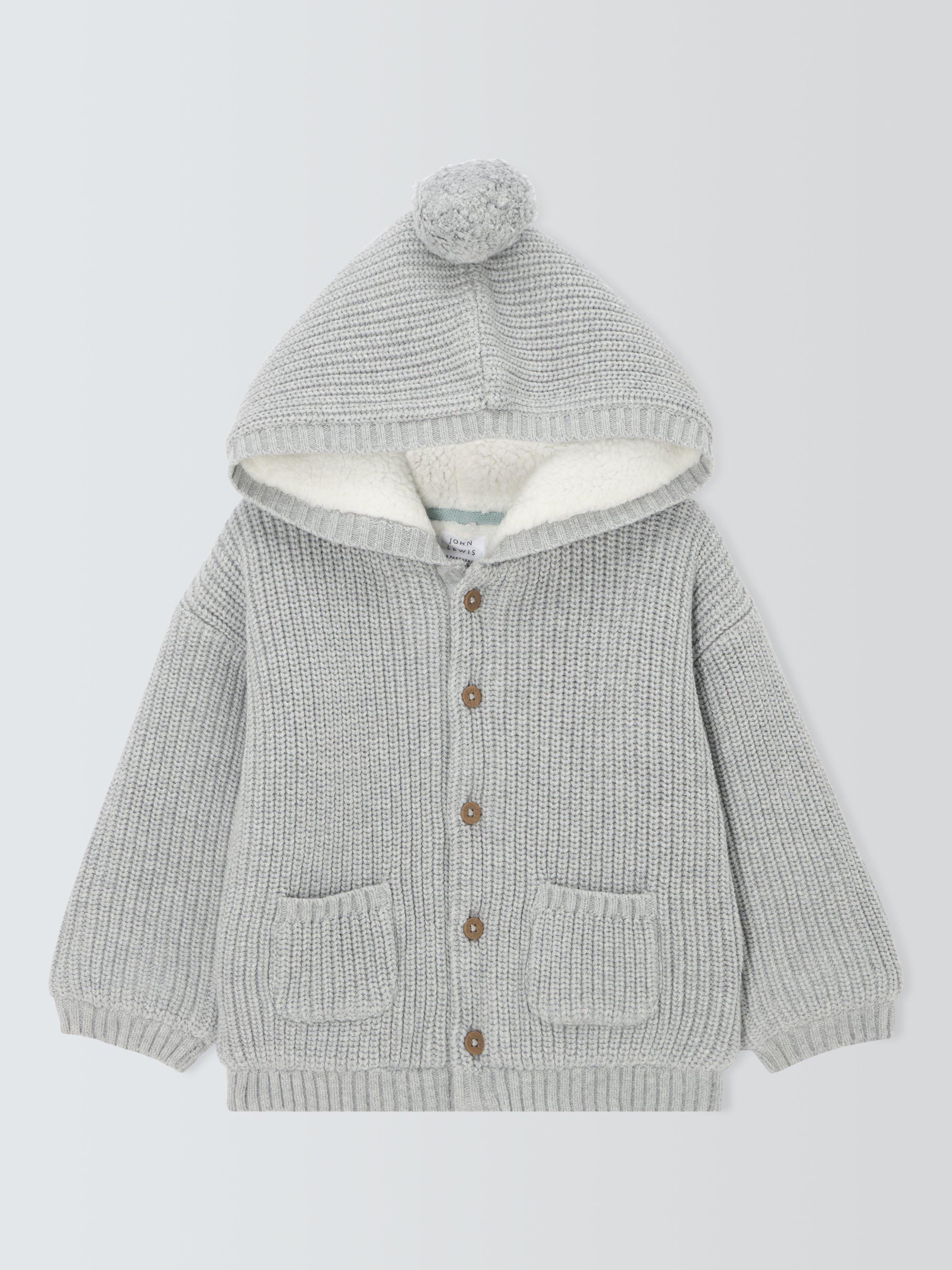 Product image 1 of 3, which shows John Lewis Baby Knitted Hooded Cardigan, Mid Grey, 6-9 months