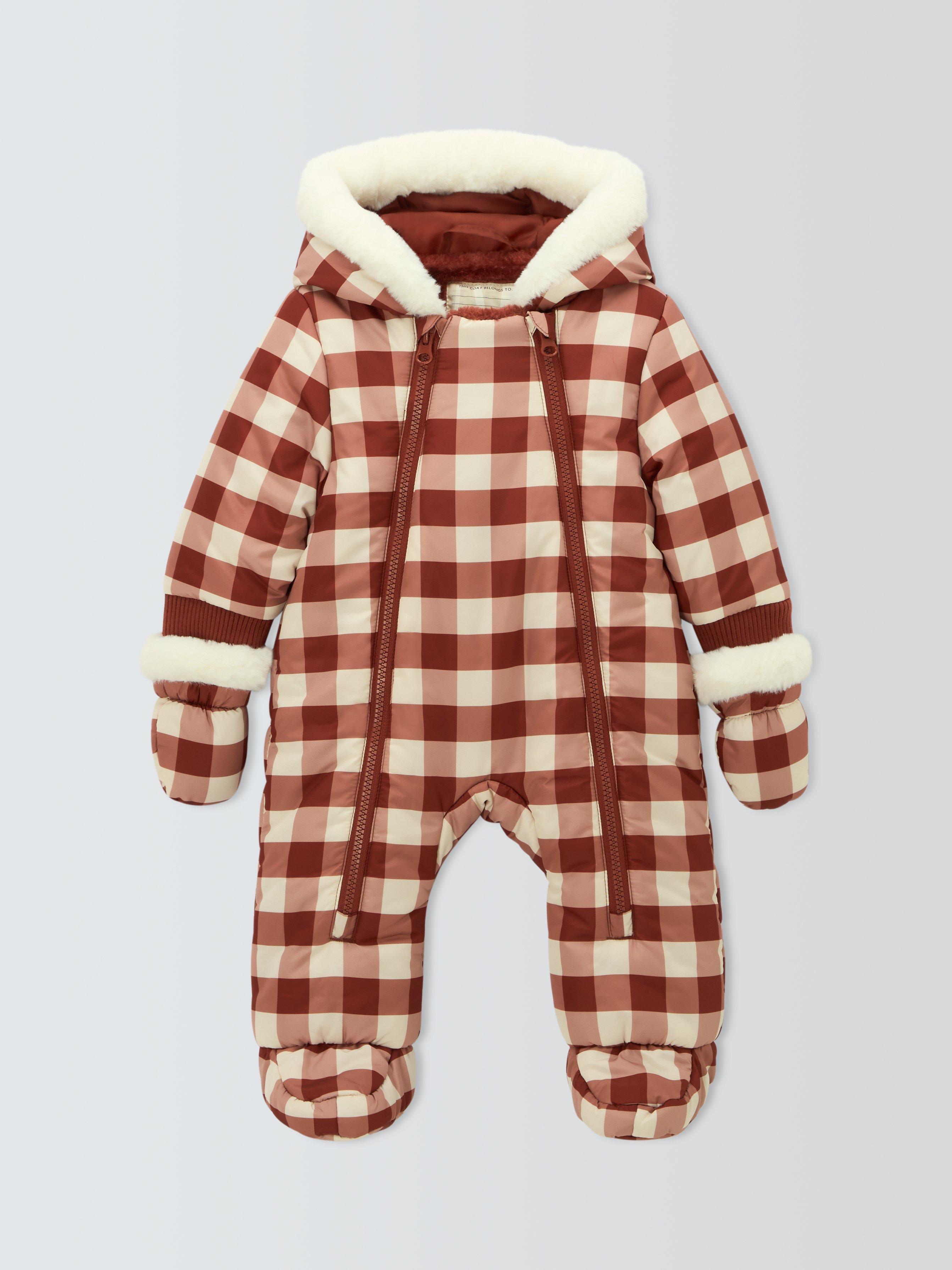 John Lewis Baby Check Quilted Snowsuit Burgundy