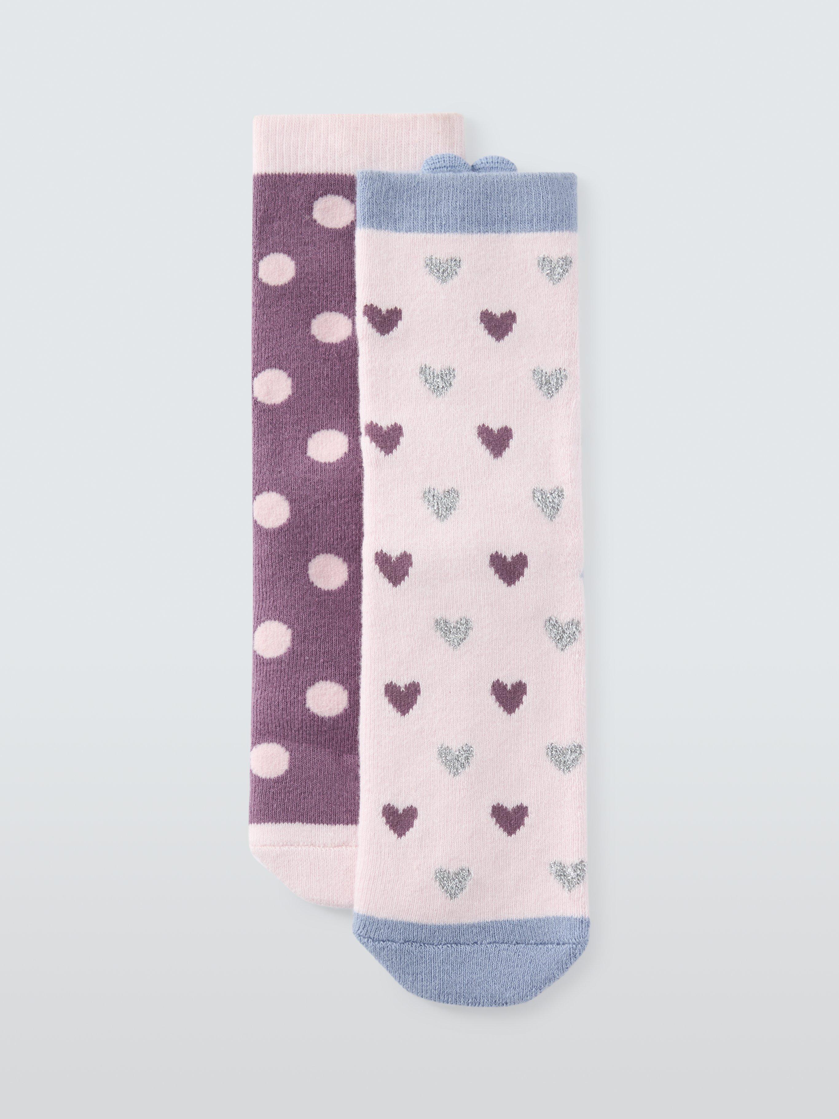 Product image 1 of 2, which shows John Lewis Spots and Hearts Slipper Socks, Pack of 2, Multi, 6-8.5 Jnr