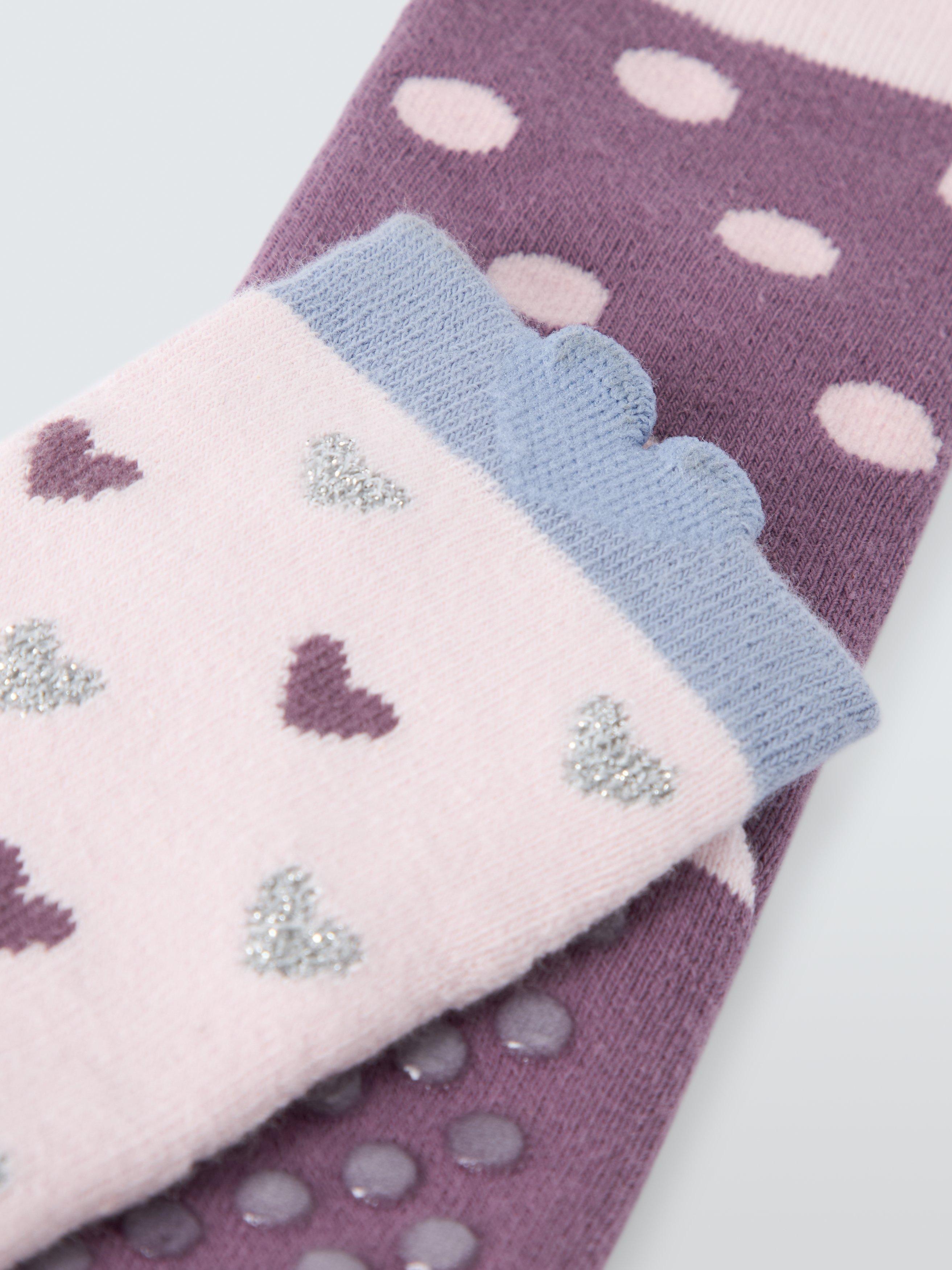 Product image 2 of 2, which shows John Lewis Spots and Hearts Slipper Socks, Pack of 2, Multi, 6-8.5 Jnr